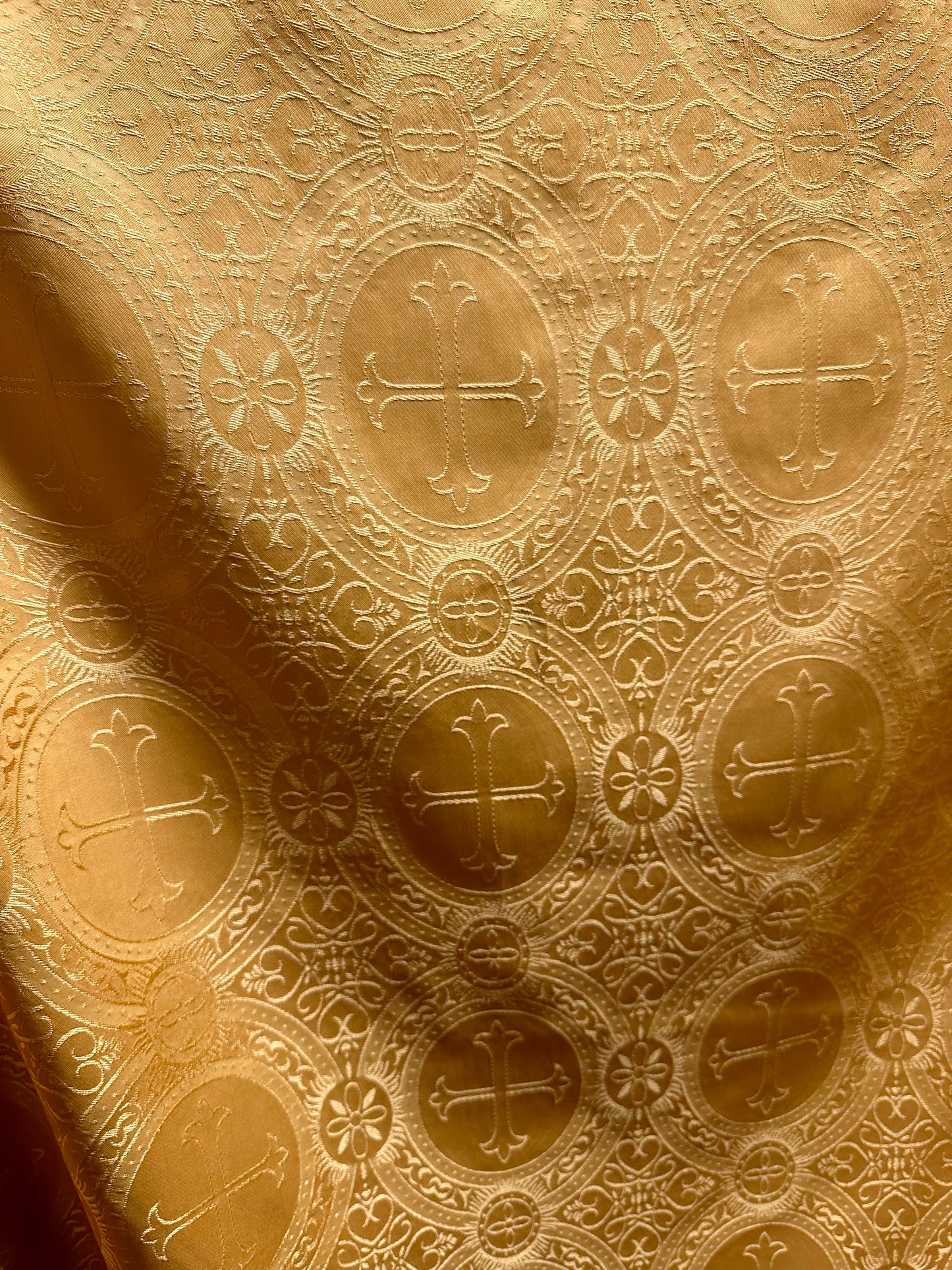 GOLD Liturgical Cross Brocade Fabric (55 in.) Sold By The Yard