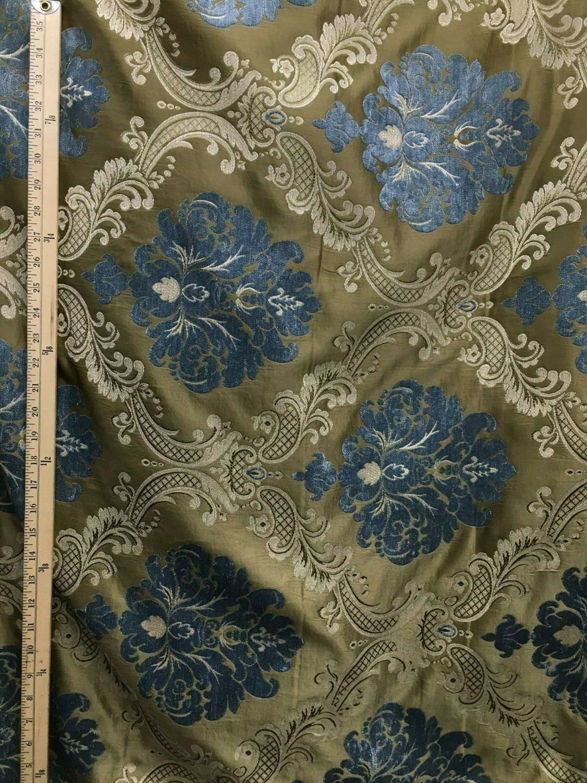 Blue Dark Gold Damask Chenille Upholstery Brocade Fabric (54 in.) Sold By The Yard