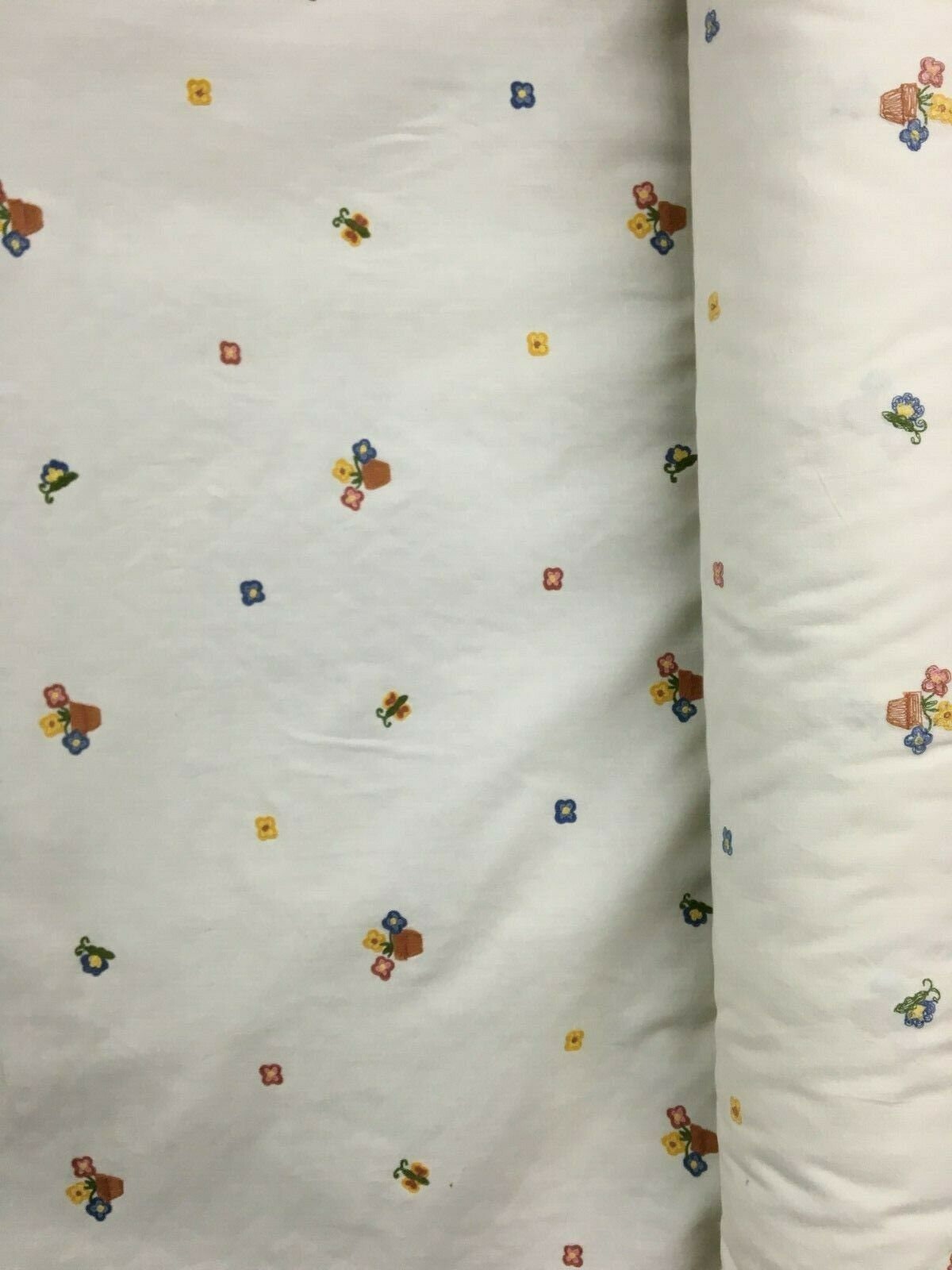 MILK WHITE MULTICOLOR Flower Pot Embroidered Cotton Linen Fabric (54 in.) Sold By The Yard