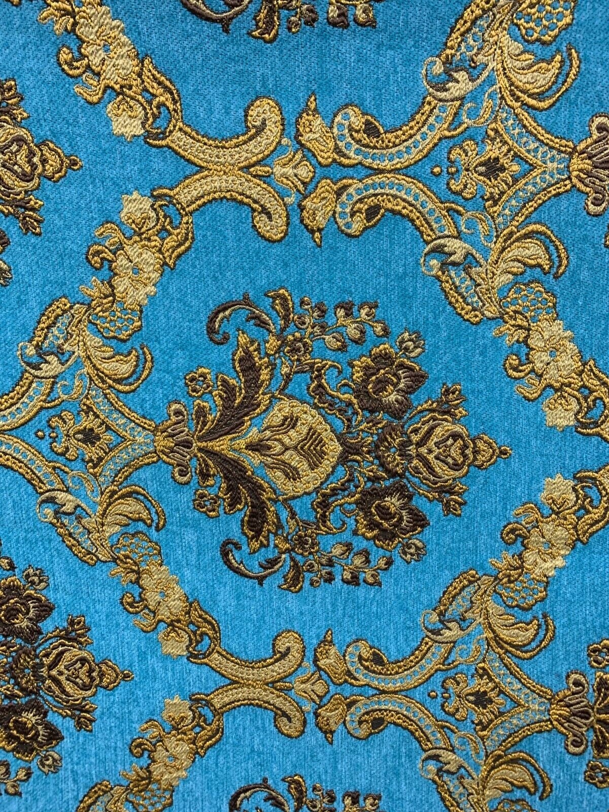 TURQUOISE BLUE GOLD Damask Chenille Upholstery Brocade Fabric (54 in.) Sold By The Yard