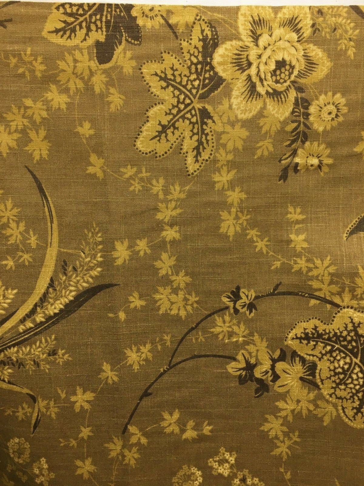 DARK GOLD BROWN Floral Printed Cotton Linen Fabric (54 in.) Sold By The Yard