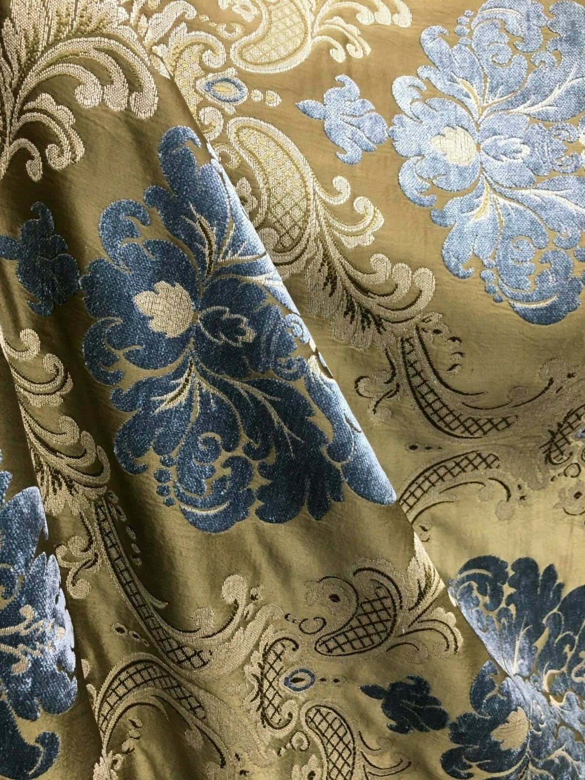 Blue Dark Gold Damask Chenille Upholstery Brocade Fabric (54 in.) Sold By The Yard