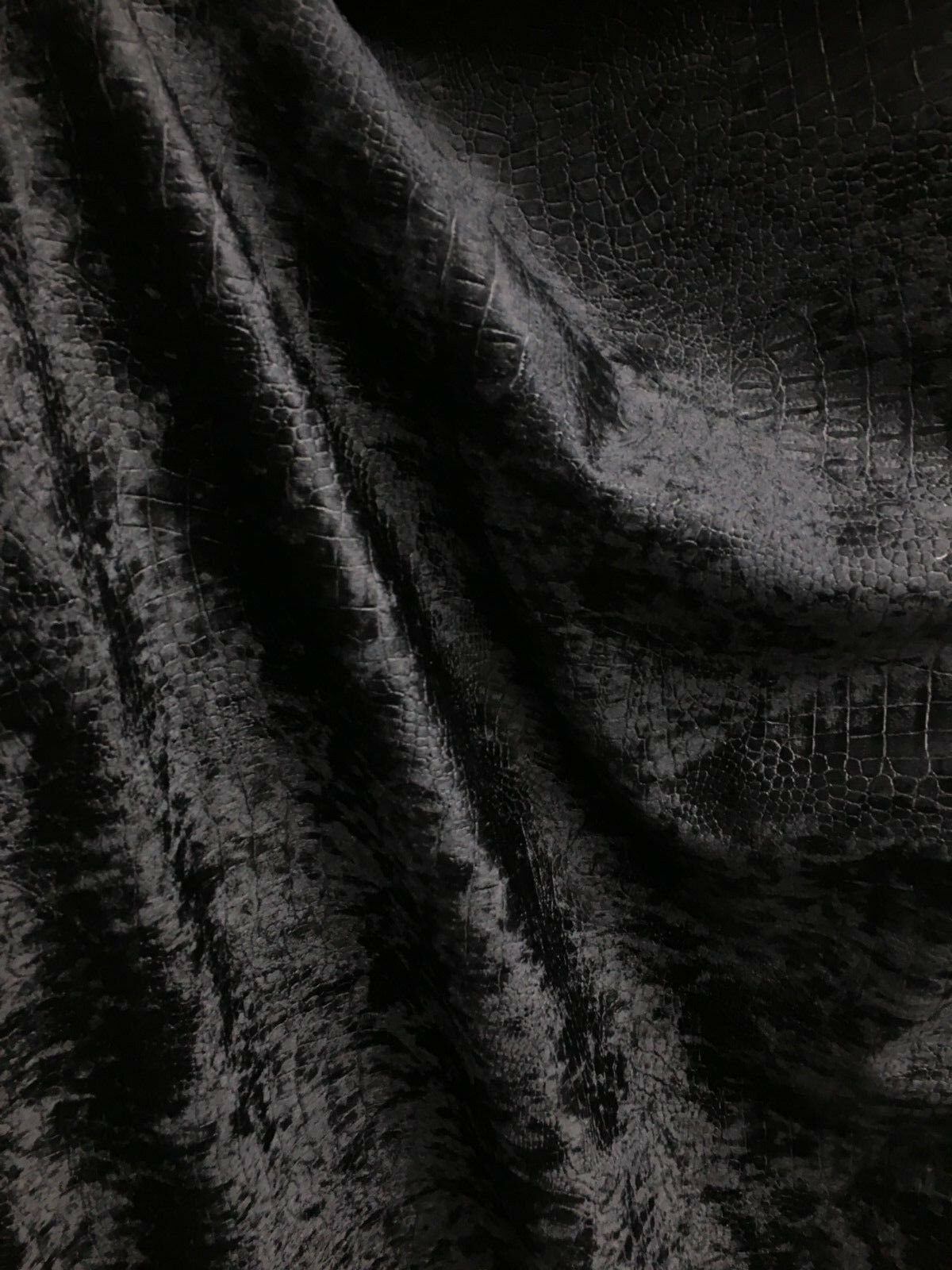 BLACK Alligator Crocodile Embossed Chenille Velvet Fabric (56 in.) Sold By The Yard