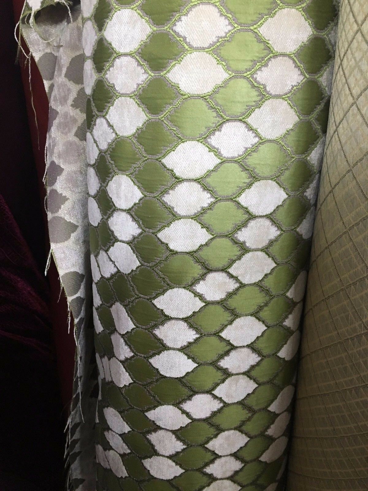 APPLE GREEN IVORY Diamond Chenille Upholstery Brocade Fabric (54 in.) Sold By The Yard