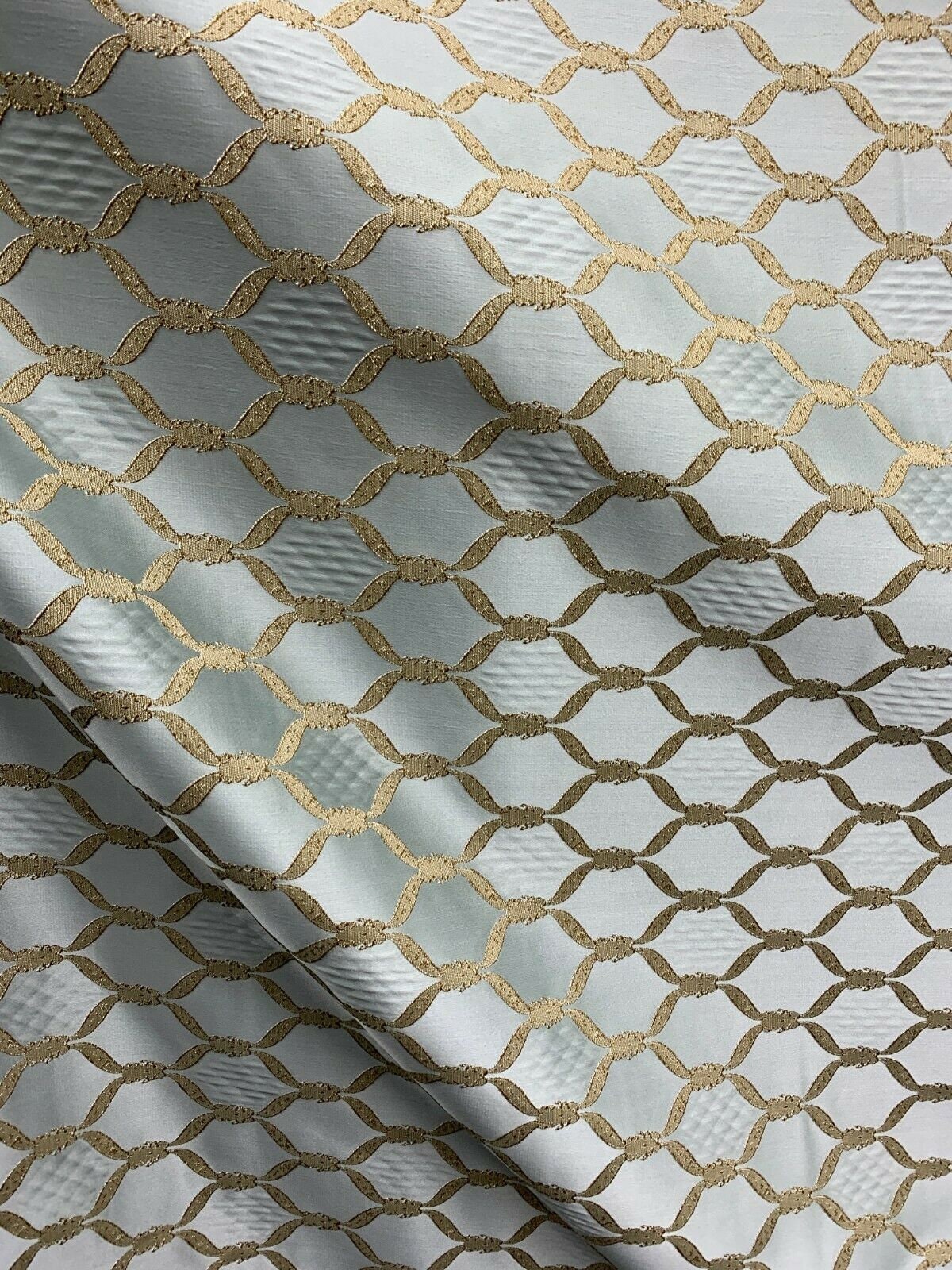 Grey Blue Dark Gold Diamond Brocade Upholstery Drapery Fabric (54 in.) Sold By The Yard