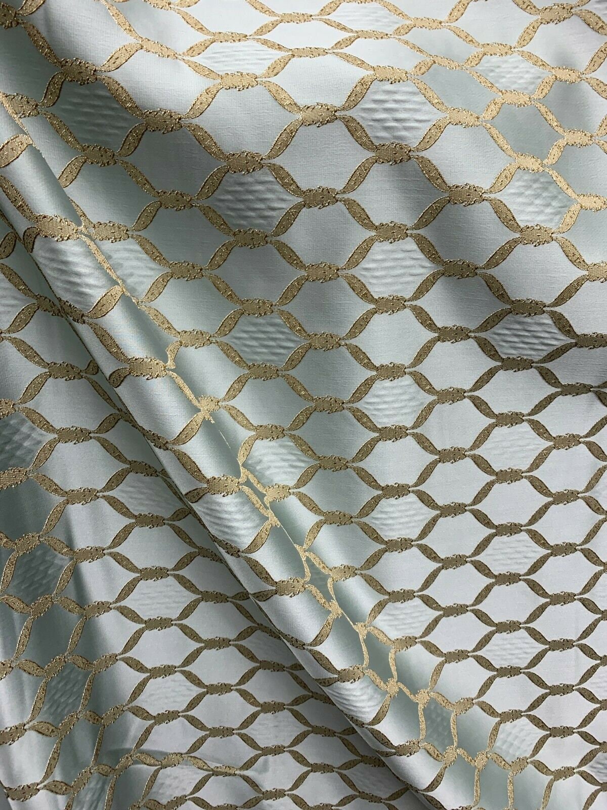 Grey Blue Dark Gold Diamond Brocade Upholstery Drapery Fabric (54 in.) Sold By The Yard