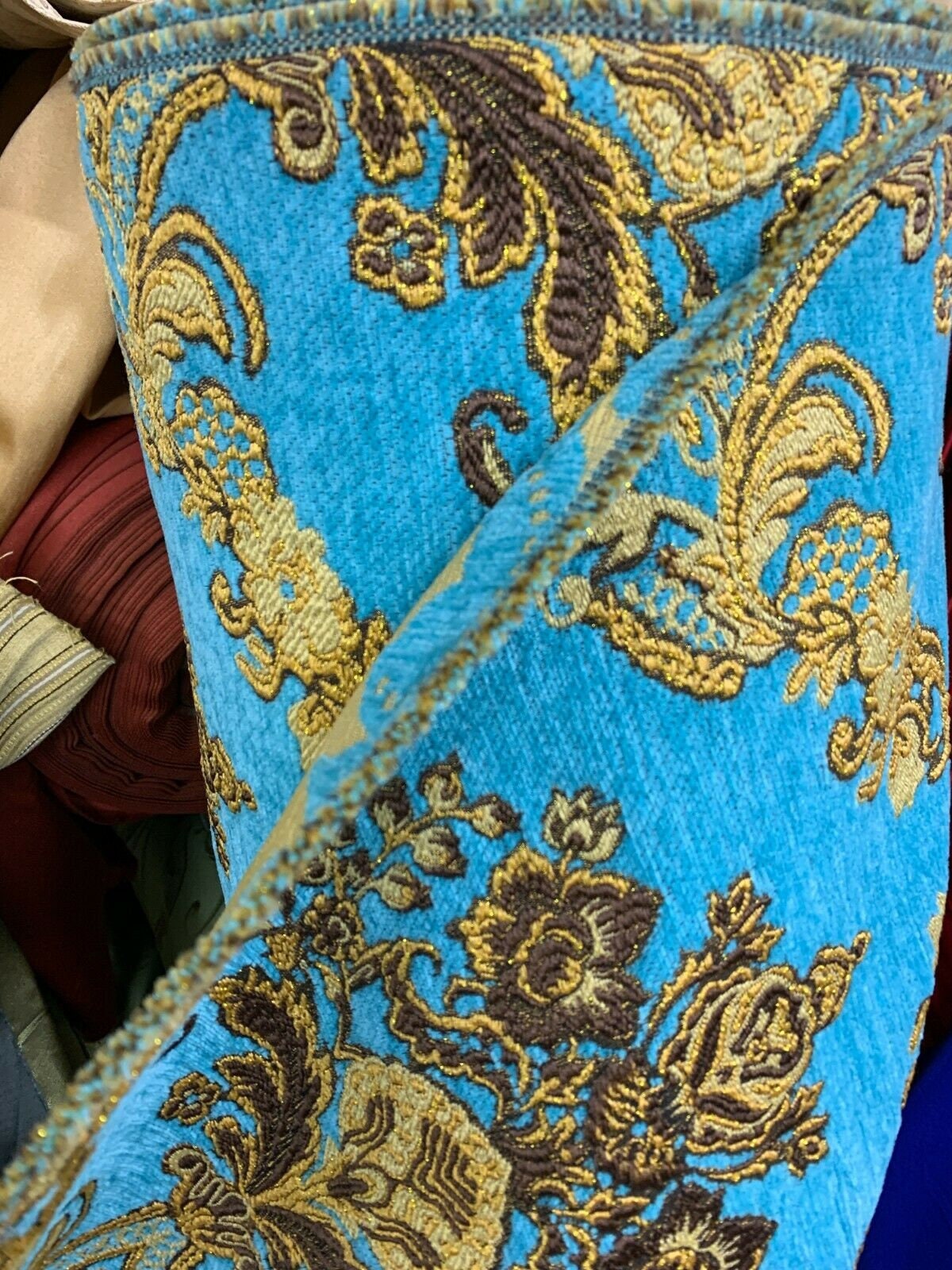 TURQUOISE BLUE GOLD Damask Chenille Upholstery Brocade Fabric (54 in.) Sold By The Yard