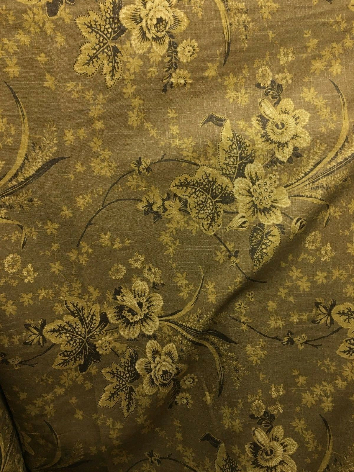 DARK GOLD BROWN Floral Printed Cotton Linen Fabric (54 in.) Sold By The Yard