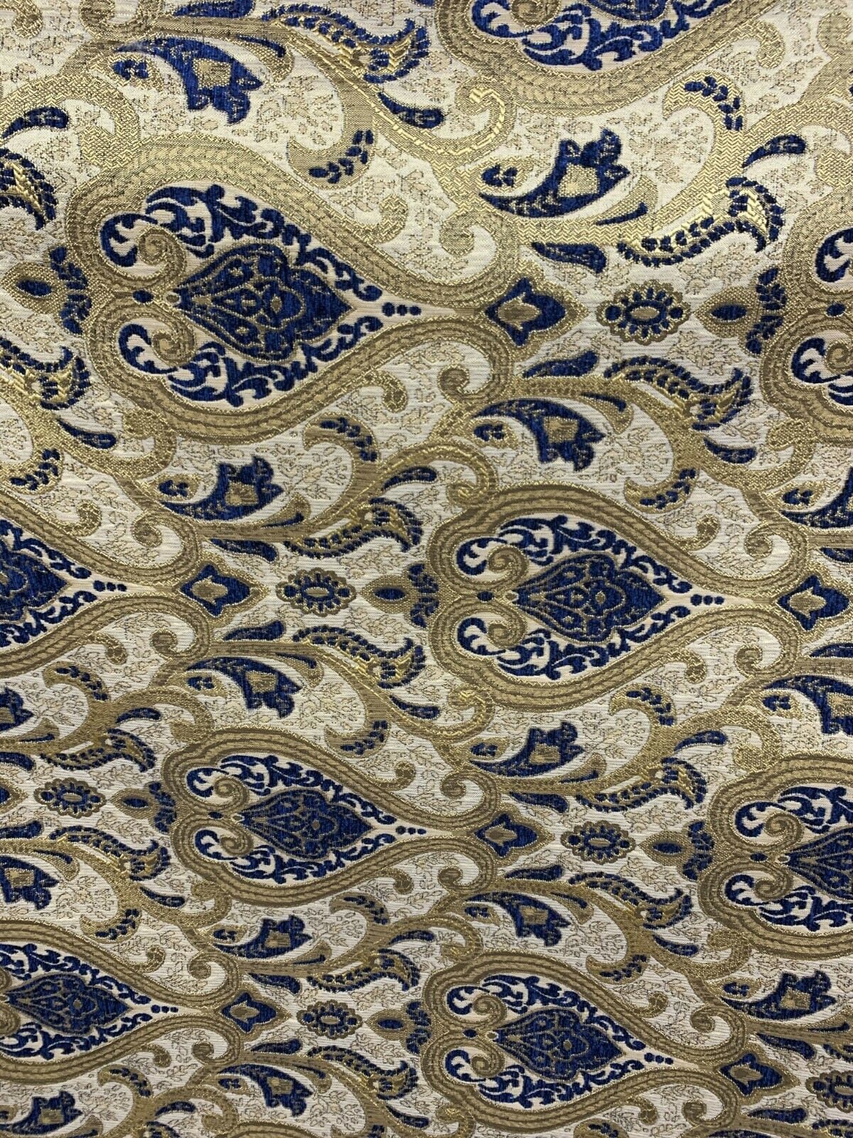 BLUE GOLD Damask Chenille Upholstery Brocade Fabric (56 in.) Sold By The Yard
