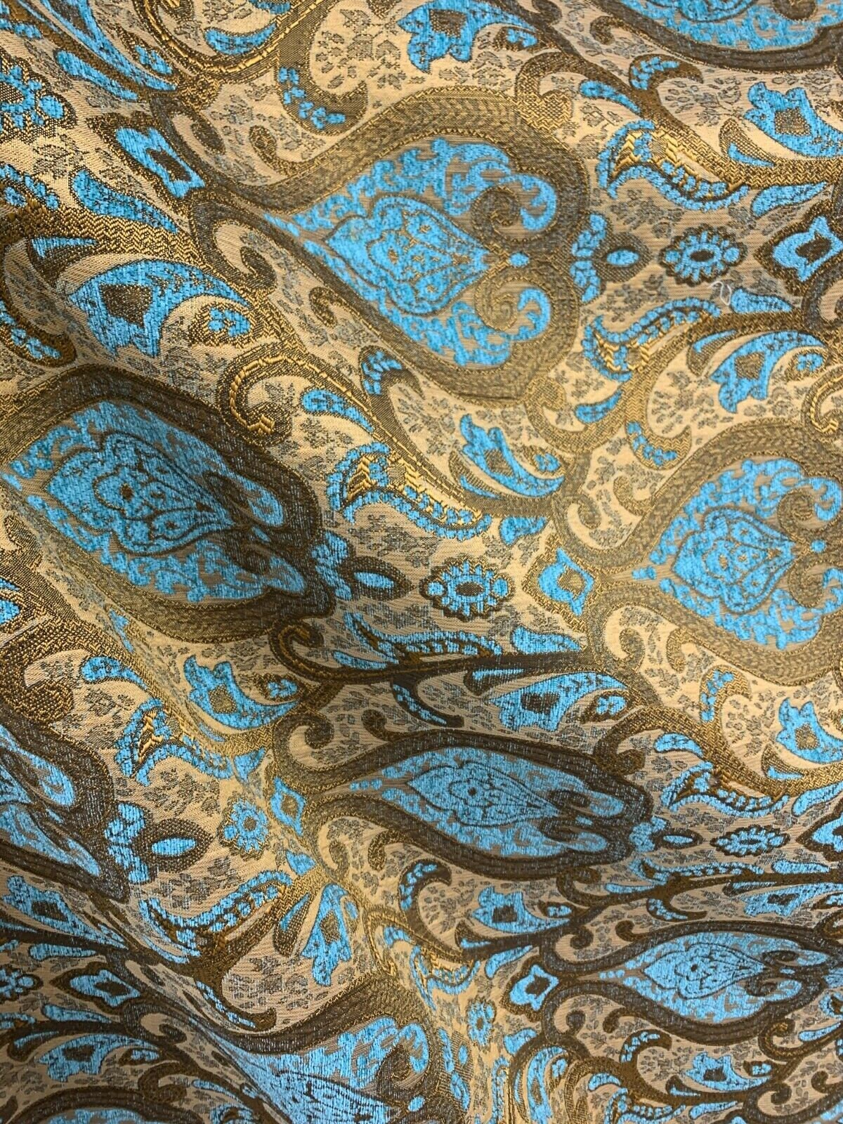 TURQUOISE BLUE GOLD Damask Chenille Upholstery Brocade Fabric (56 in.) Sold By The Yard