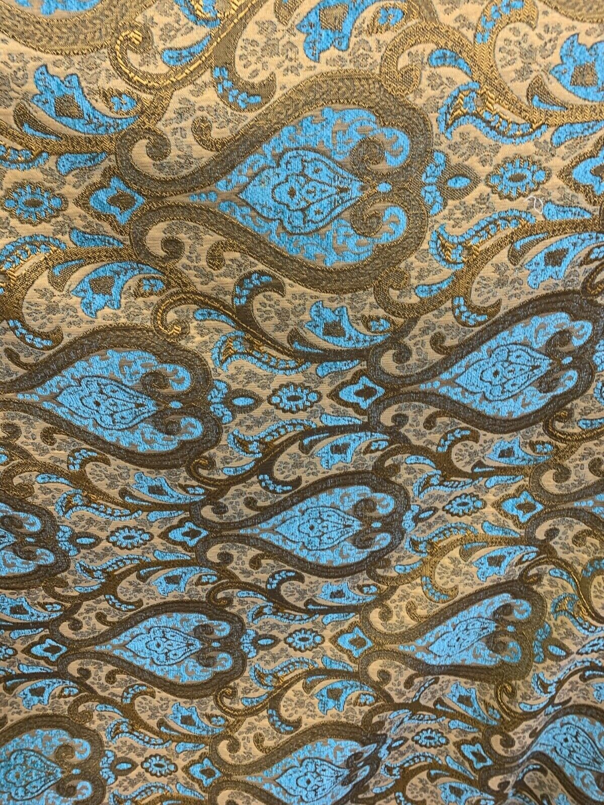 TURQUOISE BLUE GOLD Damask Chenille Upholstery Brocade Fabric (56 in.) Sold By The Yard
