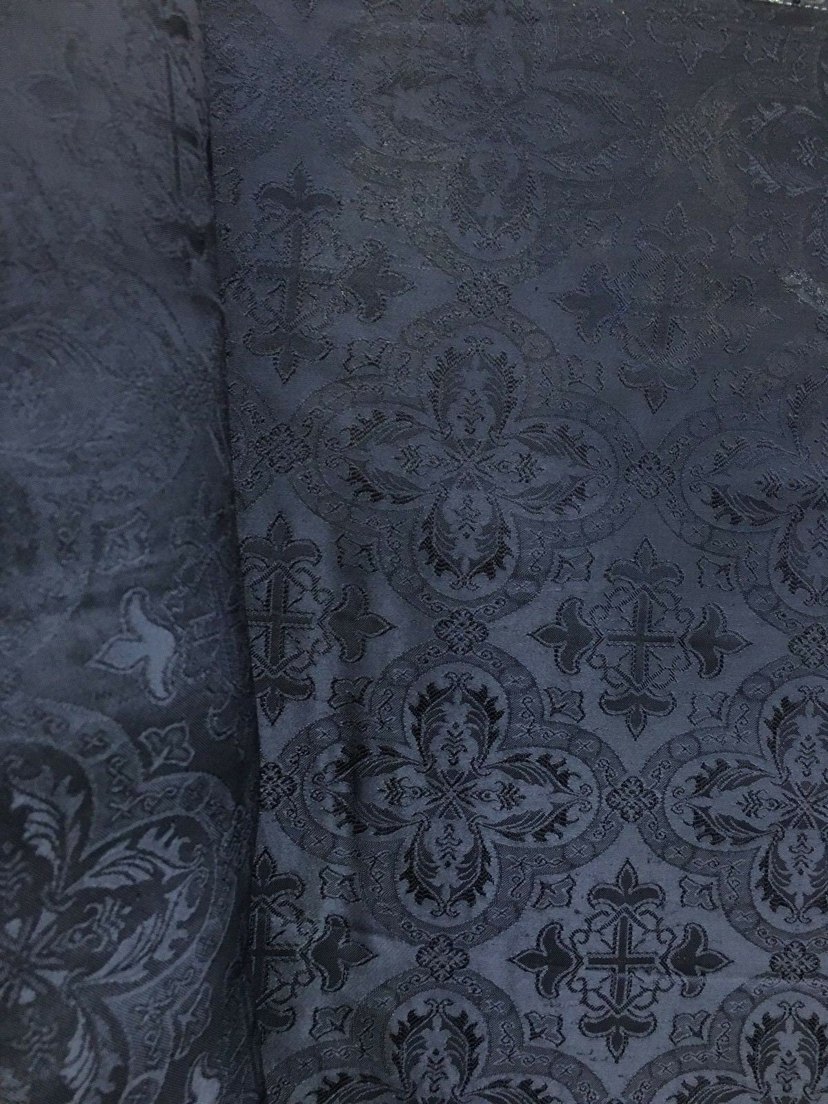 DARK NAVY BLUE Liturgical Cross Brocade Fabric (60 in.) Sold By The Yard
