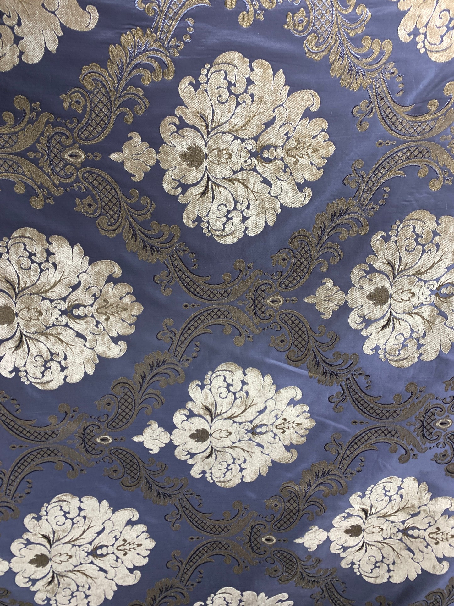 DARK BLUE BEIGE Damask Chenille Upholstery Brocade Fabric (54 in.) Sold By The Yard