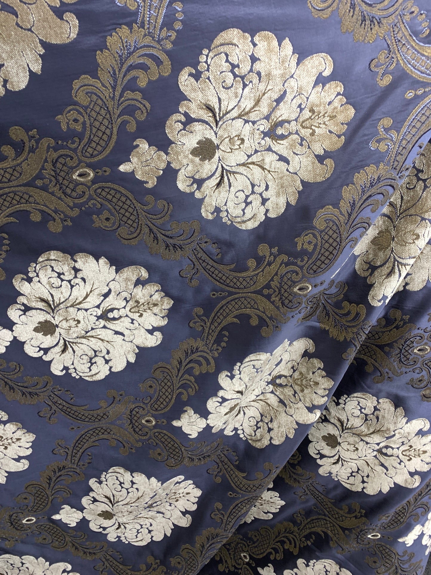DARK BLUE BEIGE Damask Chenille Upholstery Brocade Fabric (54 in.) Sold By The Yard