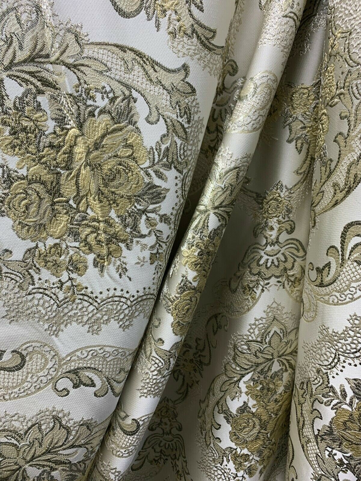 IVORY BEIGE GOLD Metallic Floral Brocade Upholstery Drapery Fabric (110 in.) Sold By The Yard