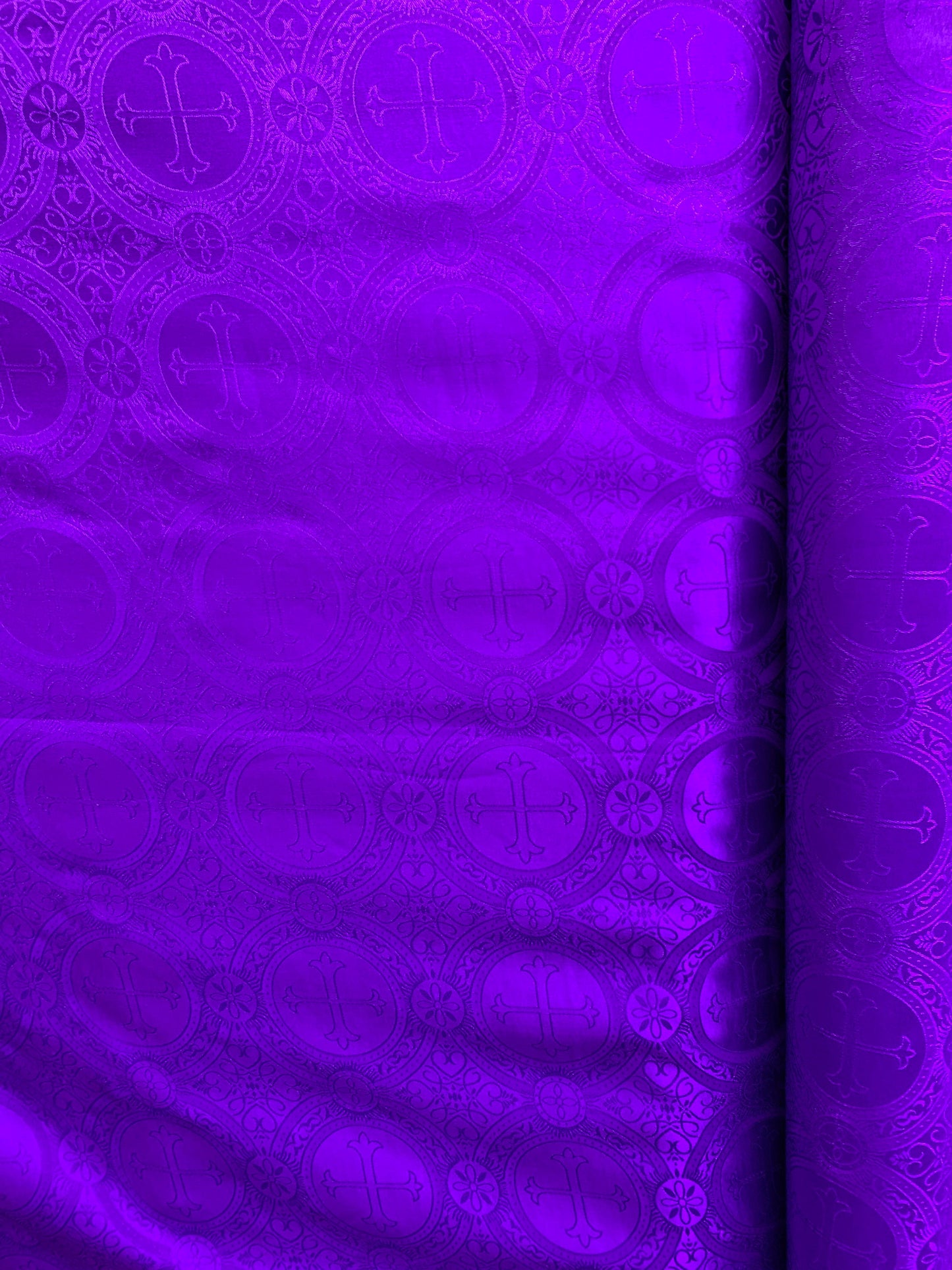 PURPLE Liturgical Cross Brocade Fabric (55 in.) Sold By The Yard