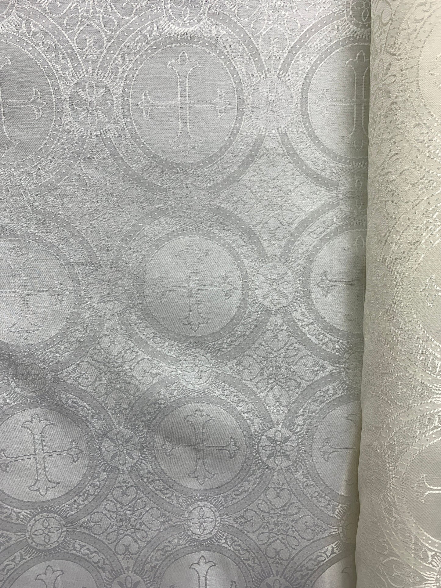 IVORY Liturgical Cross Brocade Fabric (55 in.) Sold By The Yard