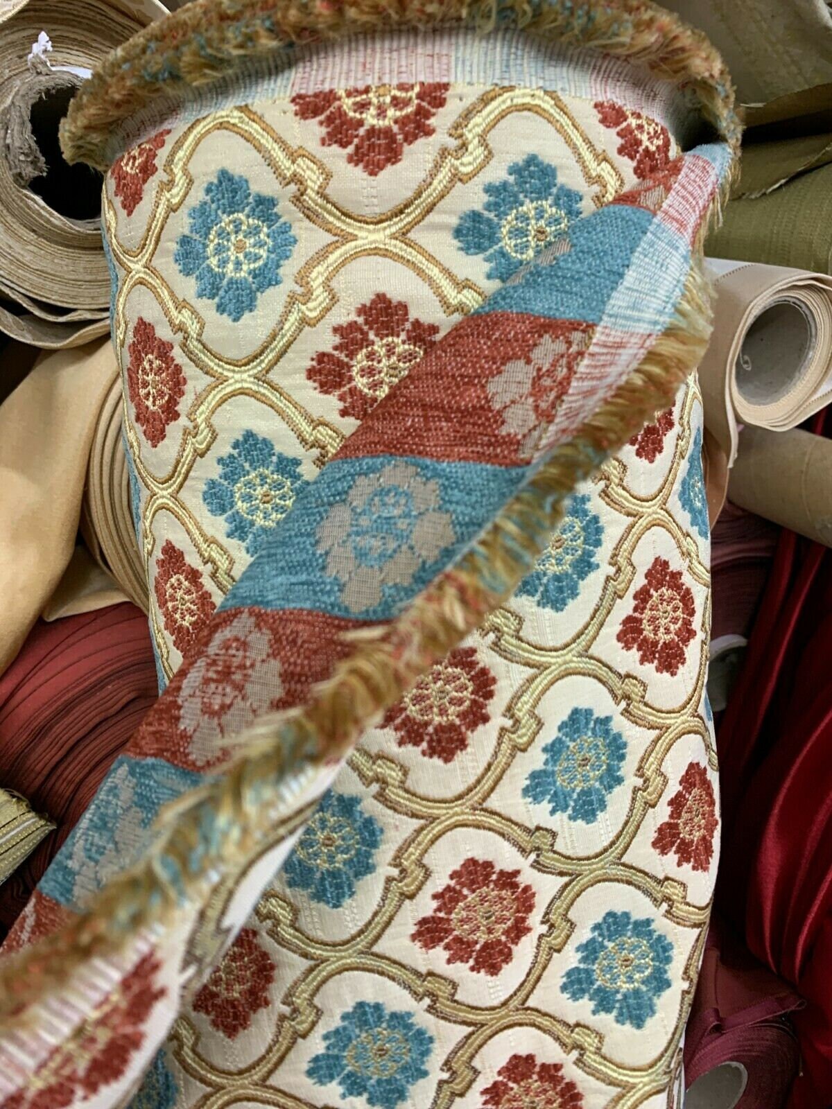 RED BLUE GOLD Floral Trellis Chenille Upholstery Brocade Fabric (56 in.) Sold By The Yard