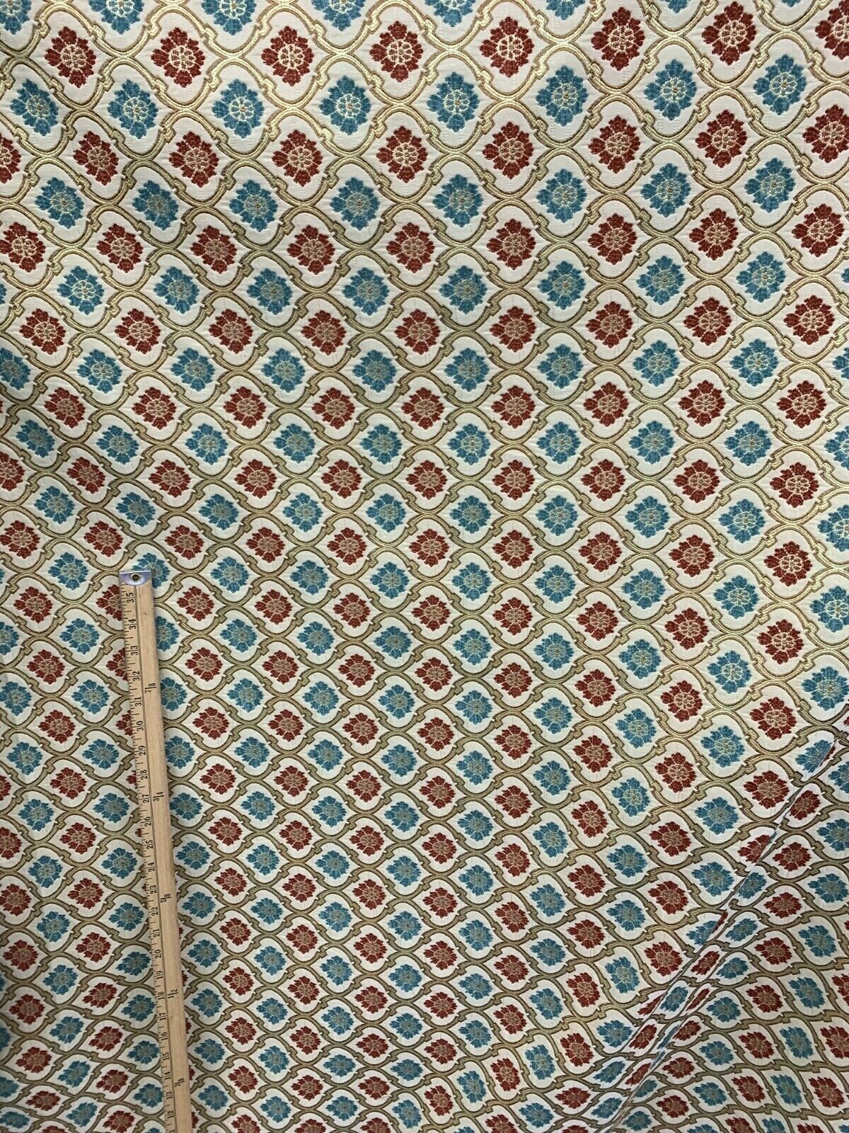 RED BLUE GOLD Floral Trellis Chenille Upholstery Brocade Fabric (56 in.) Sold By The Yard