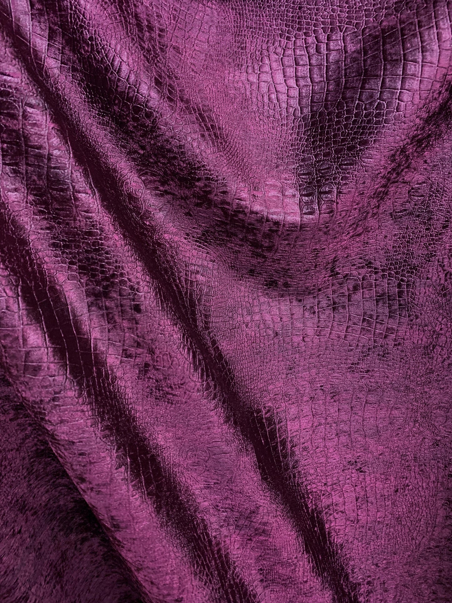 PLUM PURPLE Alligator Crocodile Embossed Chenille Velvet Fabric (56 in.) Sold By The Yard