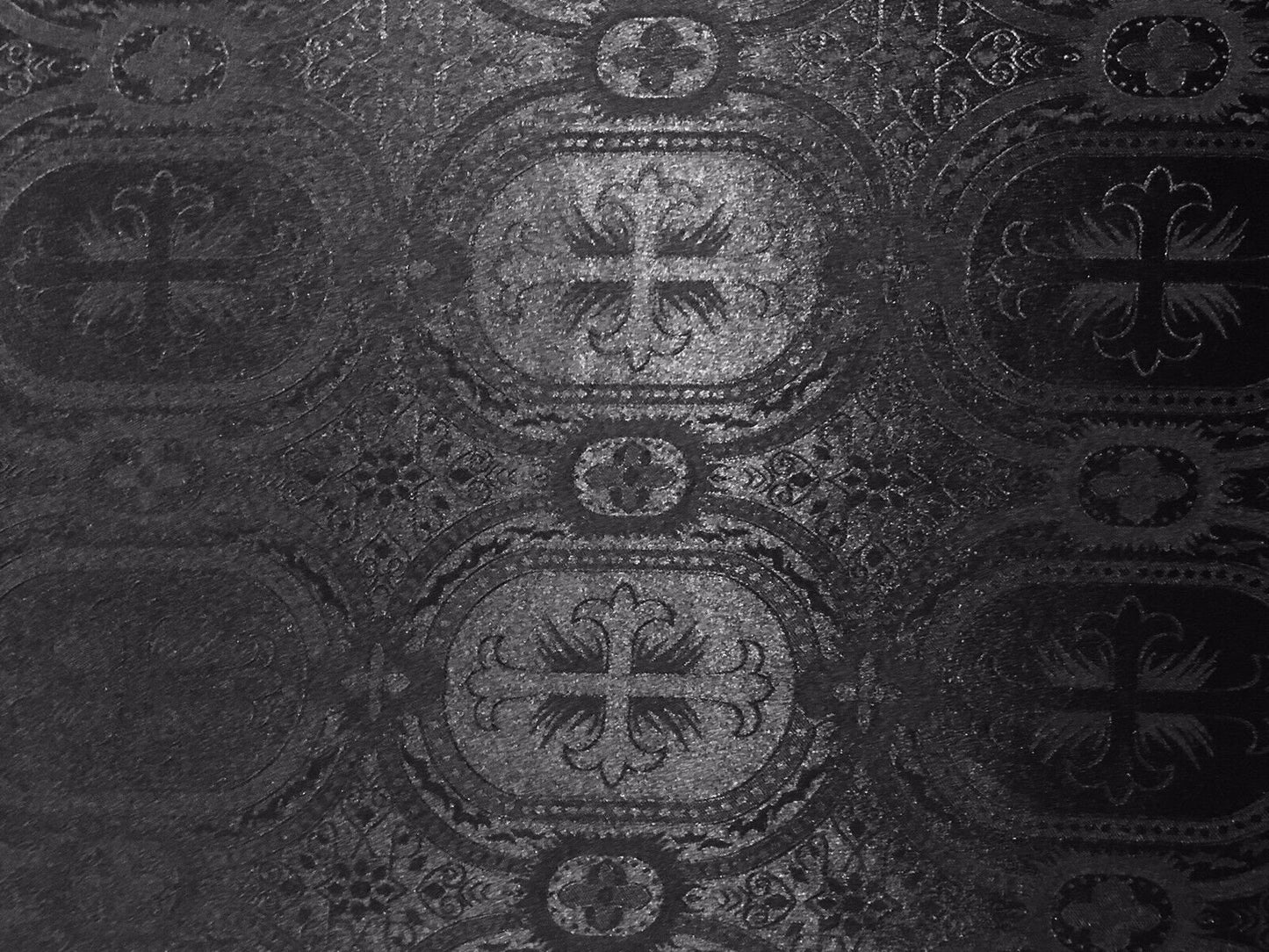 BLACK Liturgical Cross Brocade Fabric (55 in.) Sold By The Yard