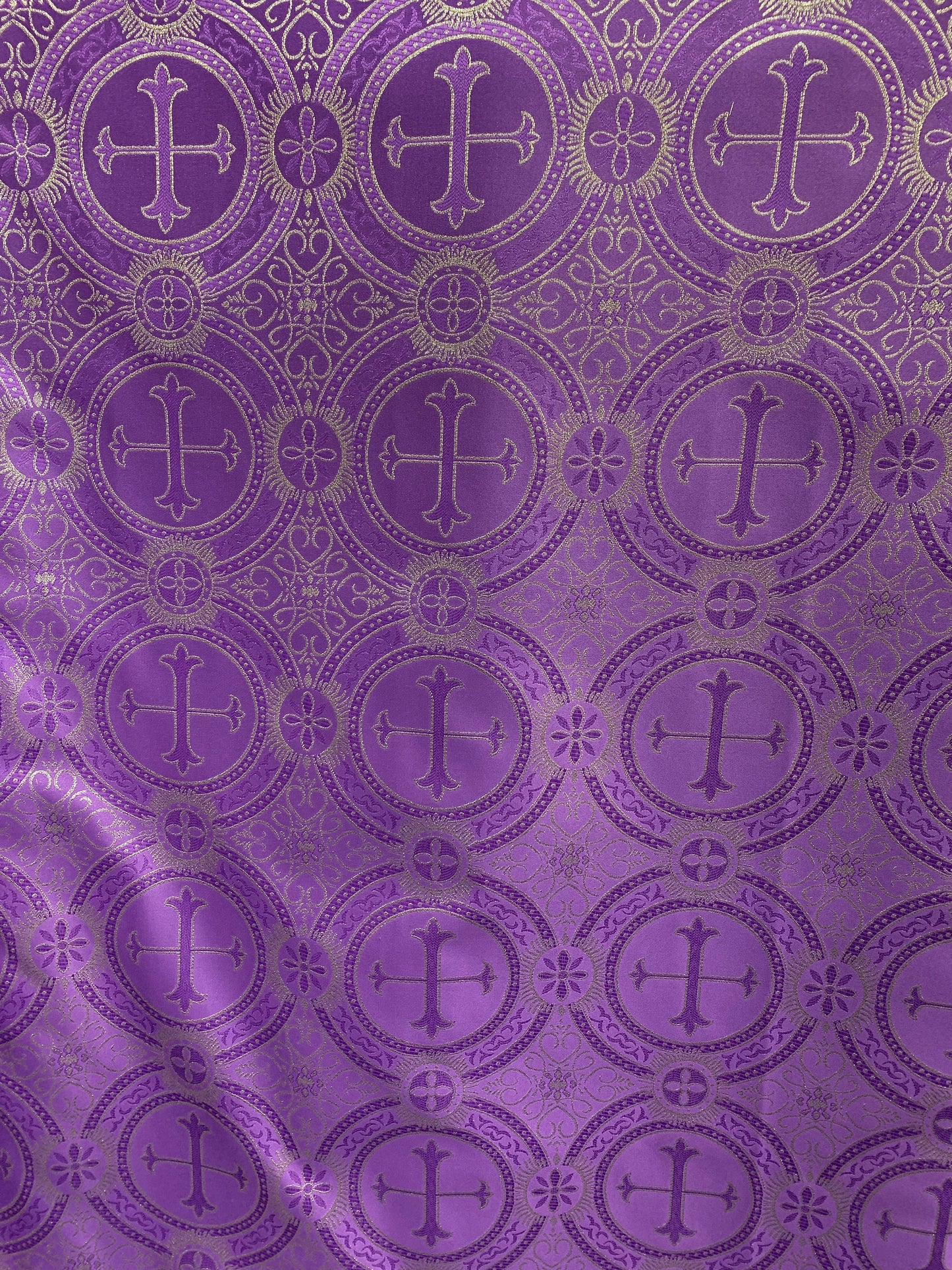 PURPLE GOLD Metallic Liturgical Cross Brocade Fabric (55 in.) Sold By The Yard