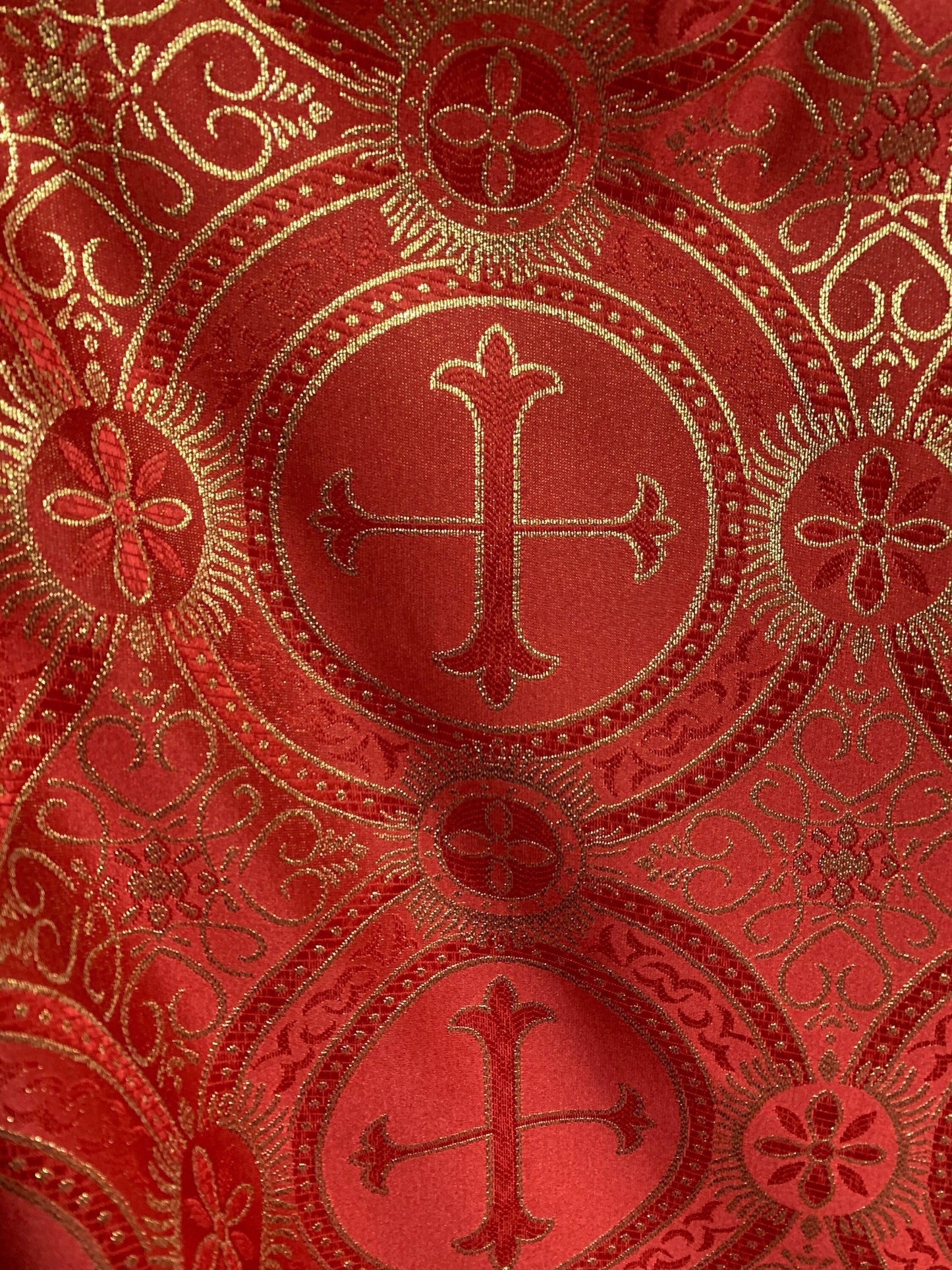 RED GOLD Metallic Liturgical Cross Brocade Fabric (55 in.) Sold By The Yard