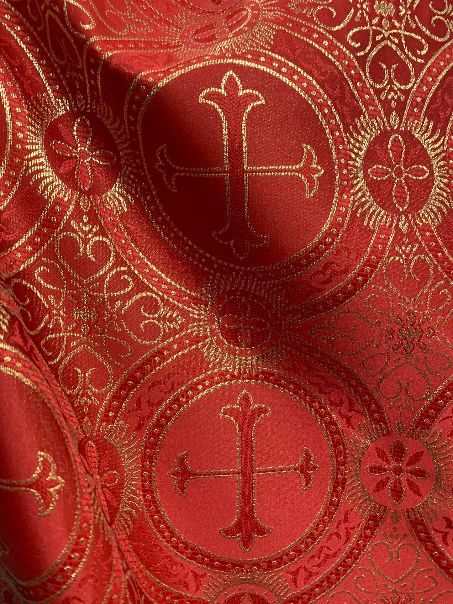 RED GOLD Metallic Liturgical Cross Brocade Fabric (55 in.) Sold By The Yard