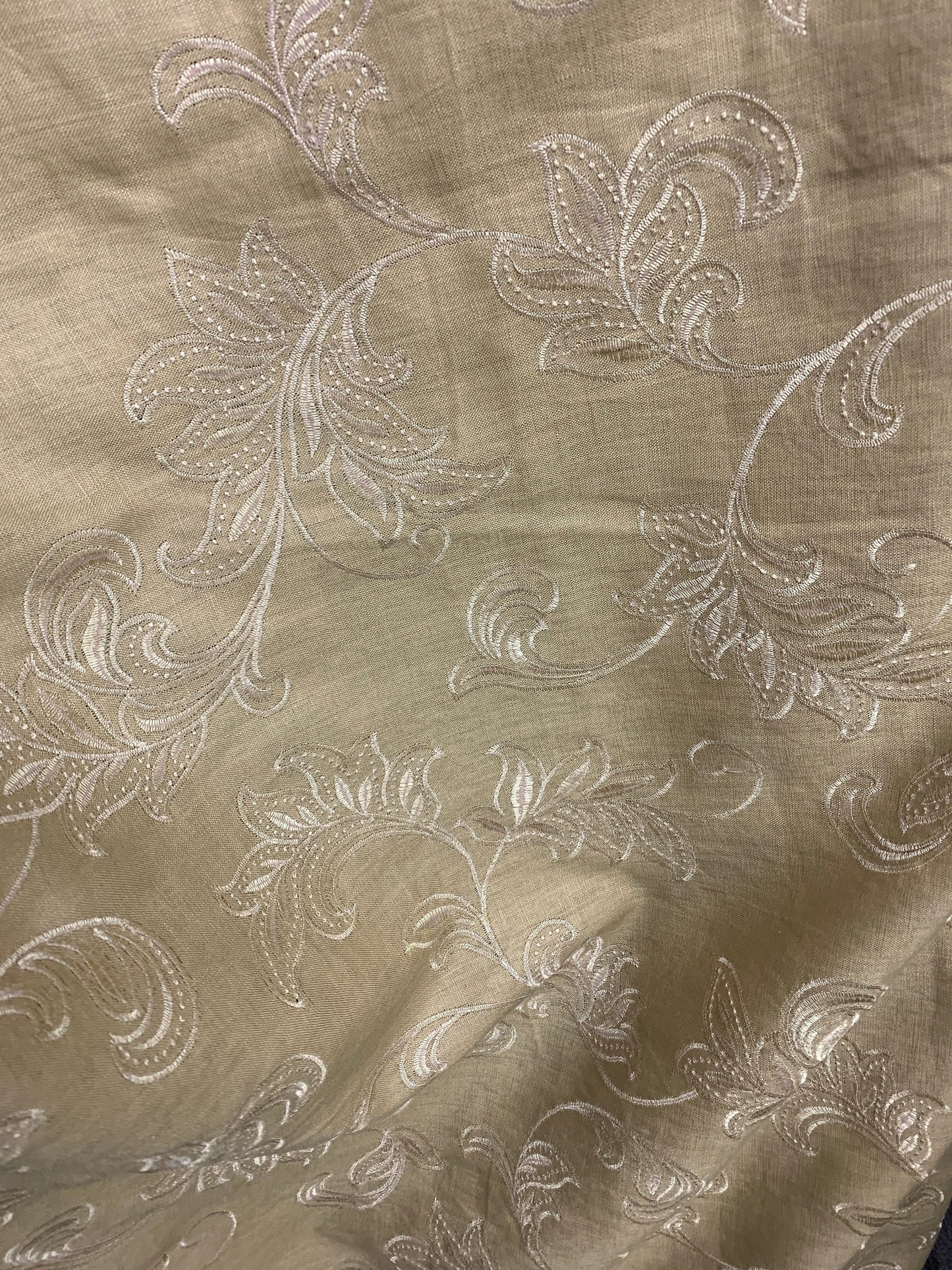 TAUPE BEIGE Floral Embroidered 100% Linen Fabric (54 in.) Sold By The Yard