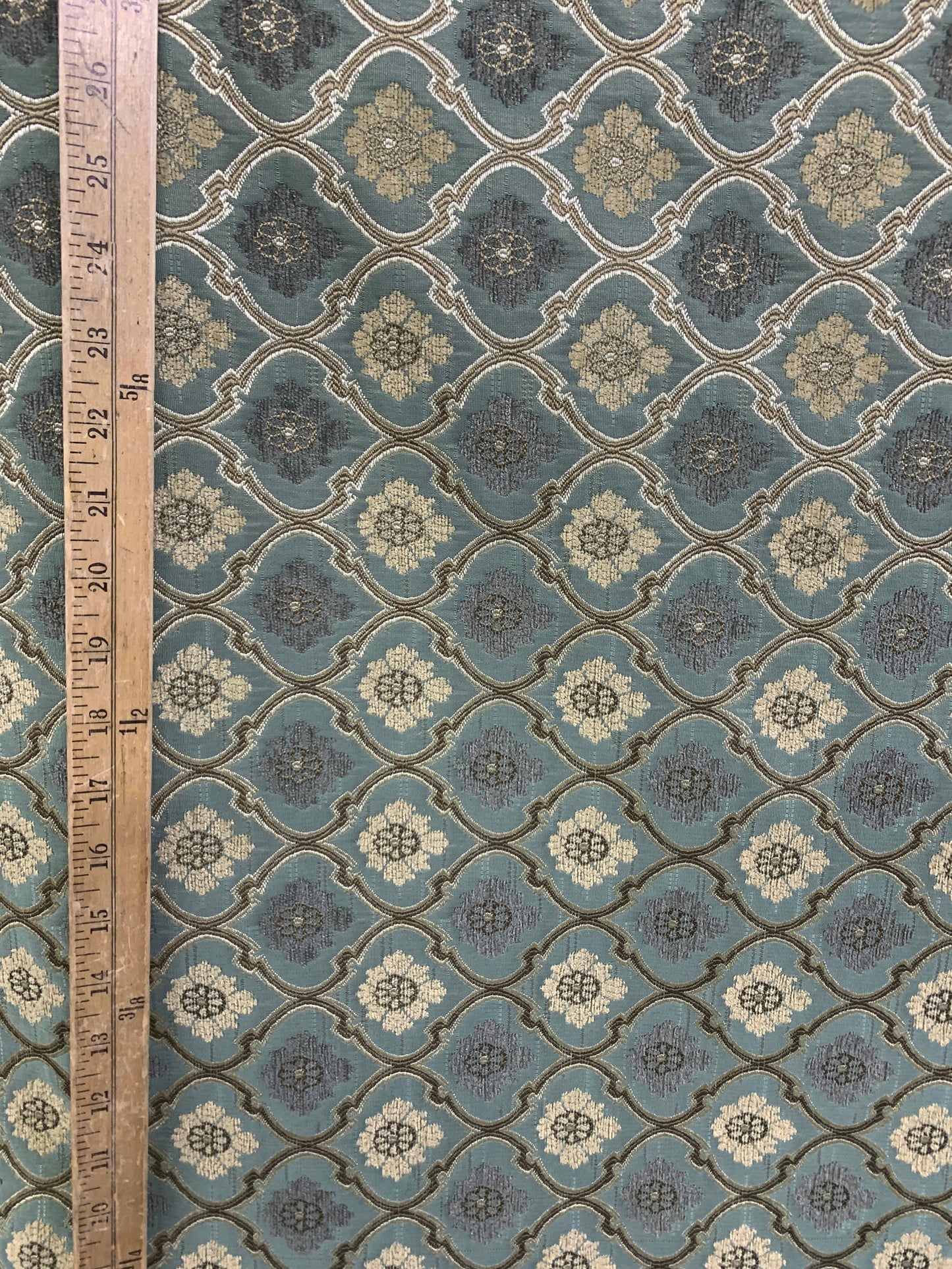 TEAL IVORY Floral Trellis Chenille Upholstery Brocade Fabric (56 in.) Sold By The Yard