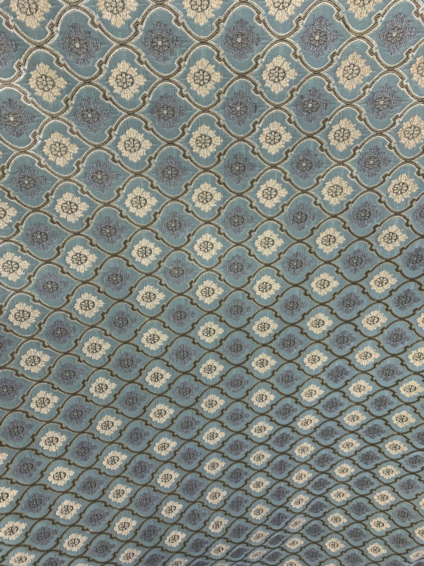 TEAL IVORY Floral Trellis Chenille Upholstery Brocade Fabric (56 in.) Sold By The Yard