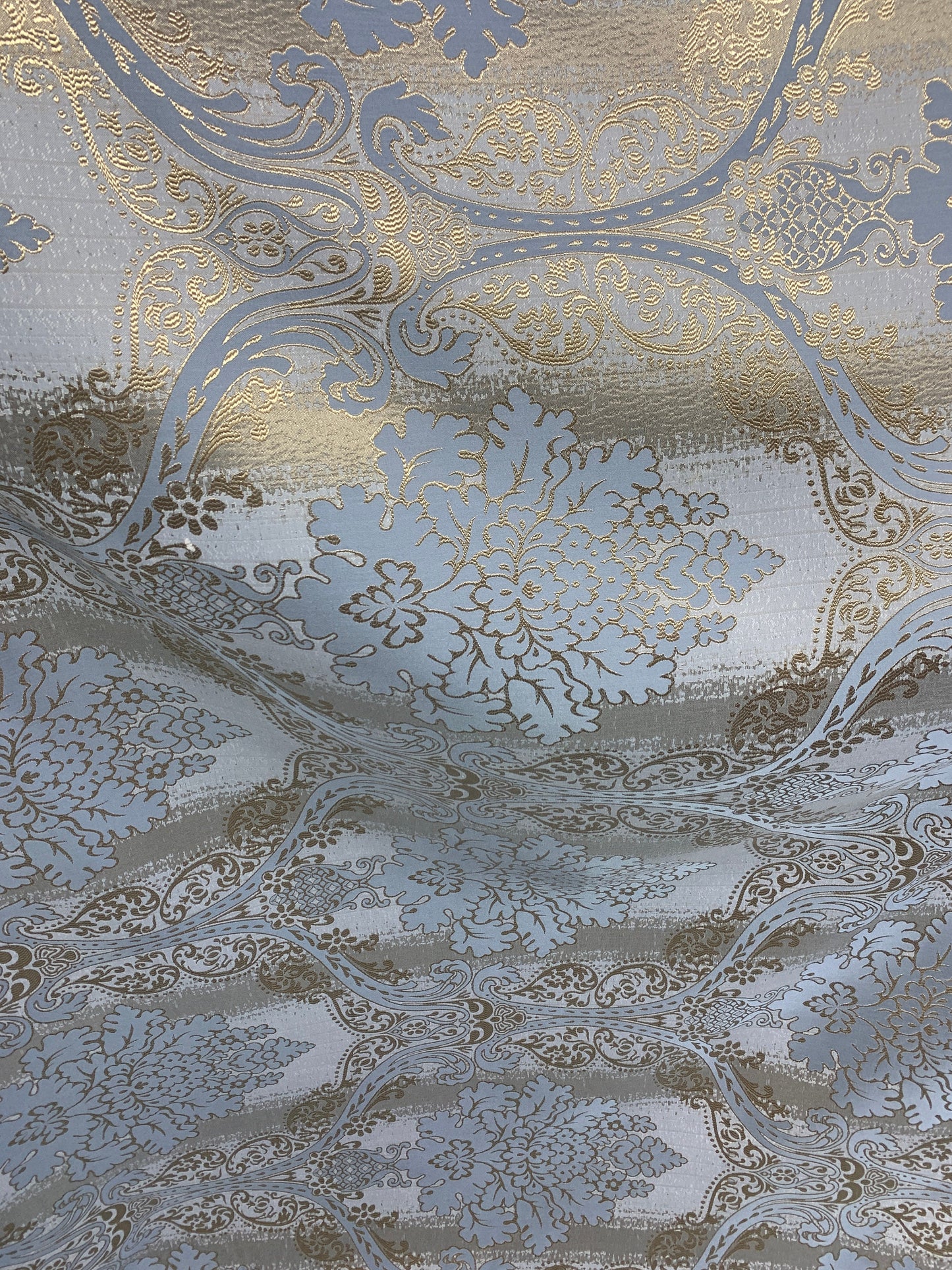 BLUE GOLD Damask Brocade Upholstery Drapery Fabric (110 in.) Sold By The Yard