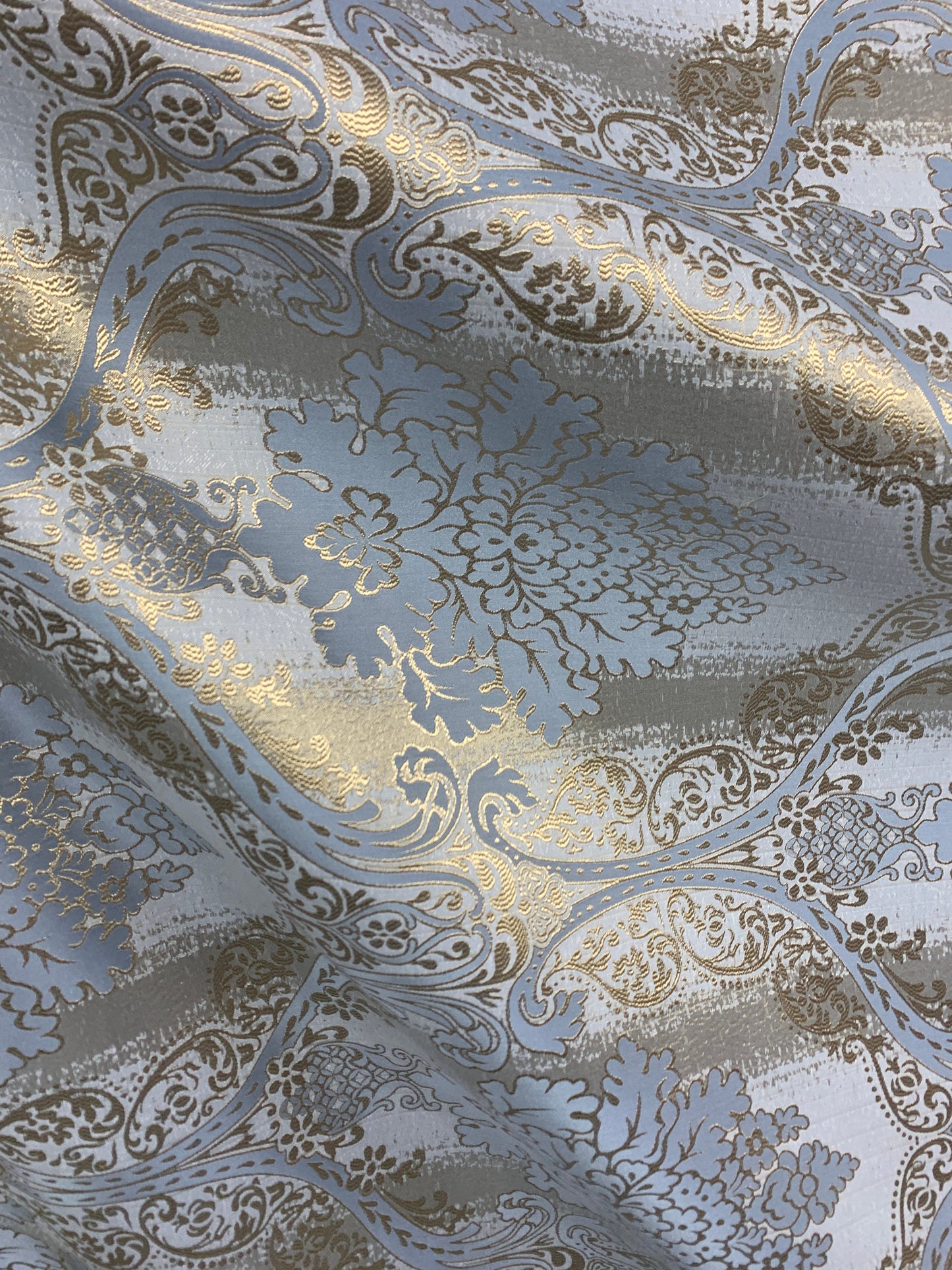 BLUE GOLD Damask Brocade Upholstery Drapery Fabric (110 in.) Sold By The Yard