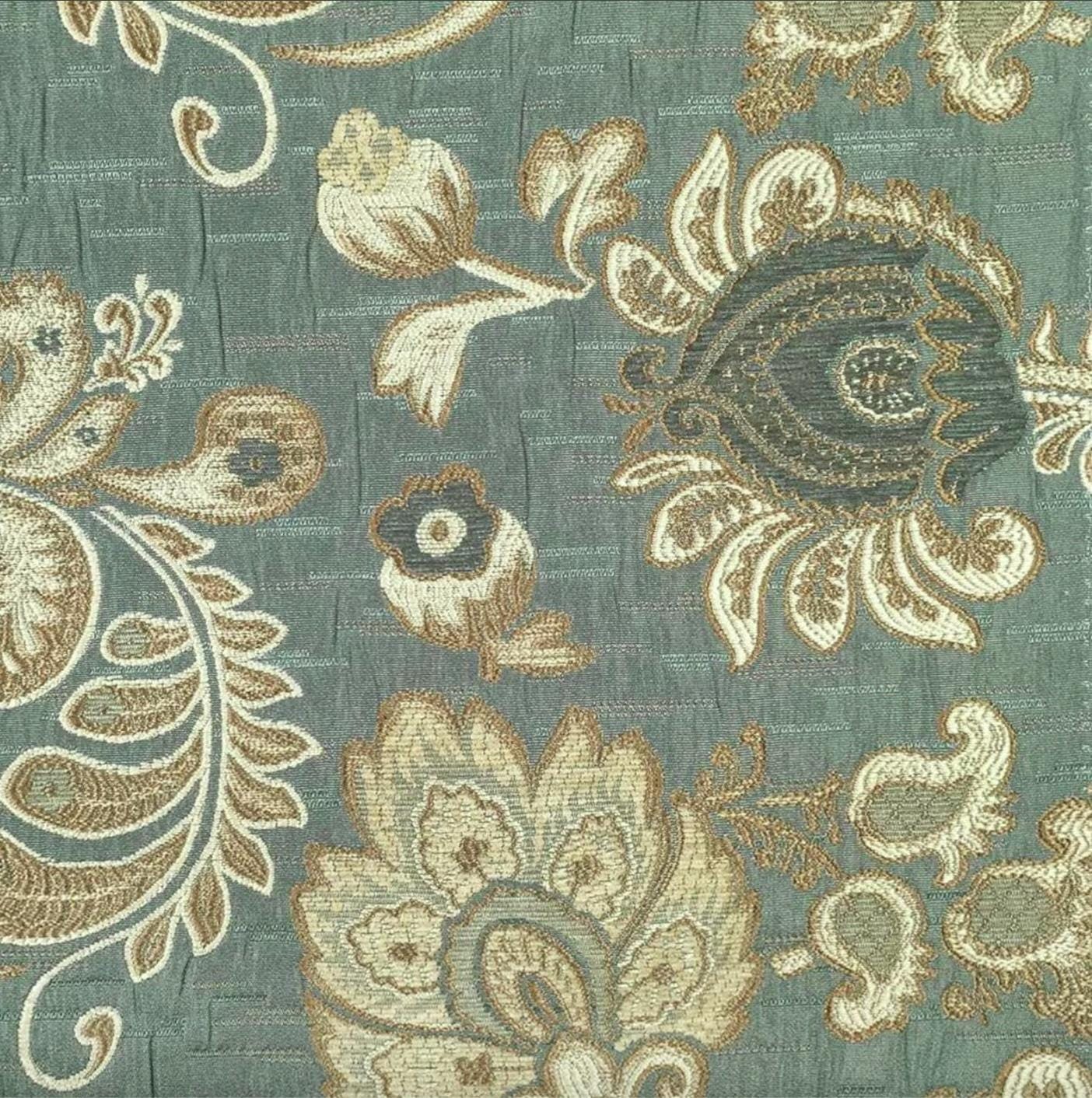TEAL SAGE BEIGE Floral Chenille Upholstery Brocade Fabric (56 in.) Sold By The Yard