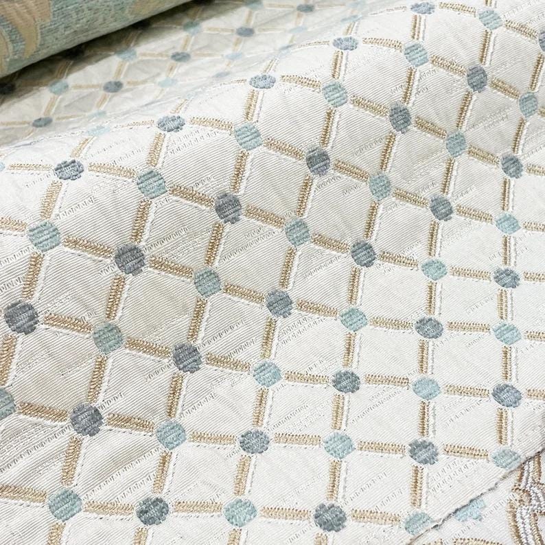 LIGHT BLUE GOLD Diamond Chenille Upholstery Brocade Fabric (56 in.) Sold By The Yard