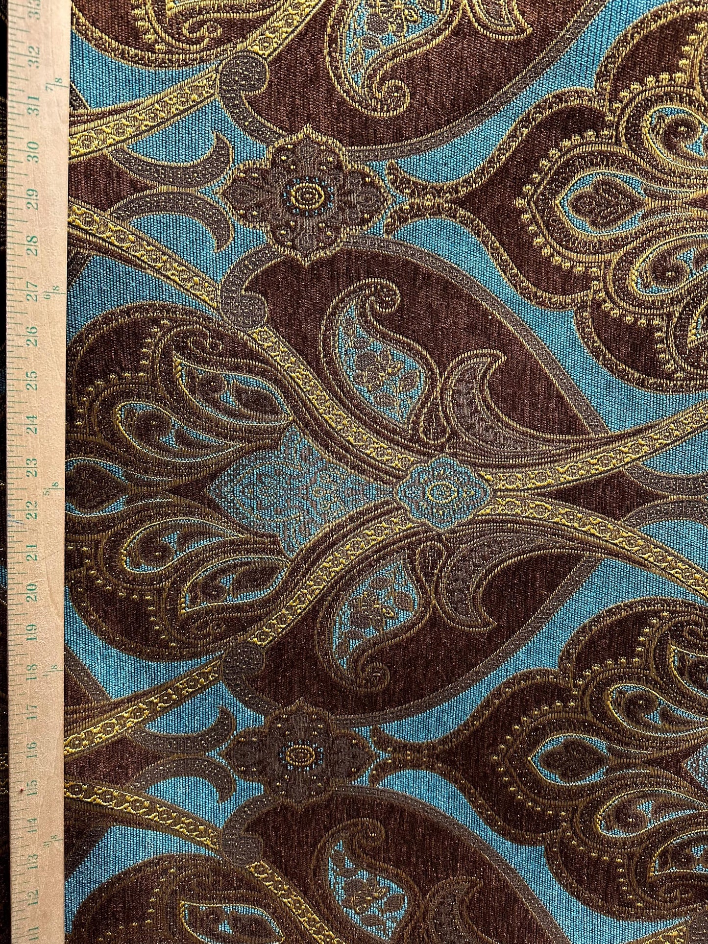 GOLD BROWN TURQUOISE Damask Chenille Upholstery Brocade Fabric (56 in.) Sold By The Yard
