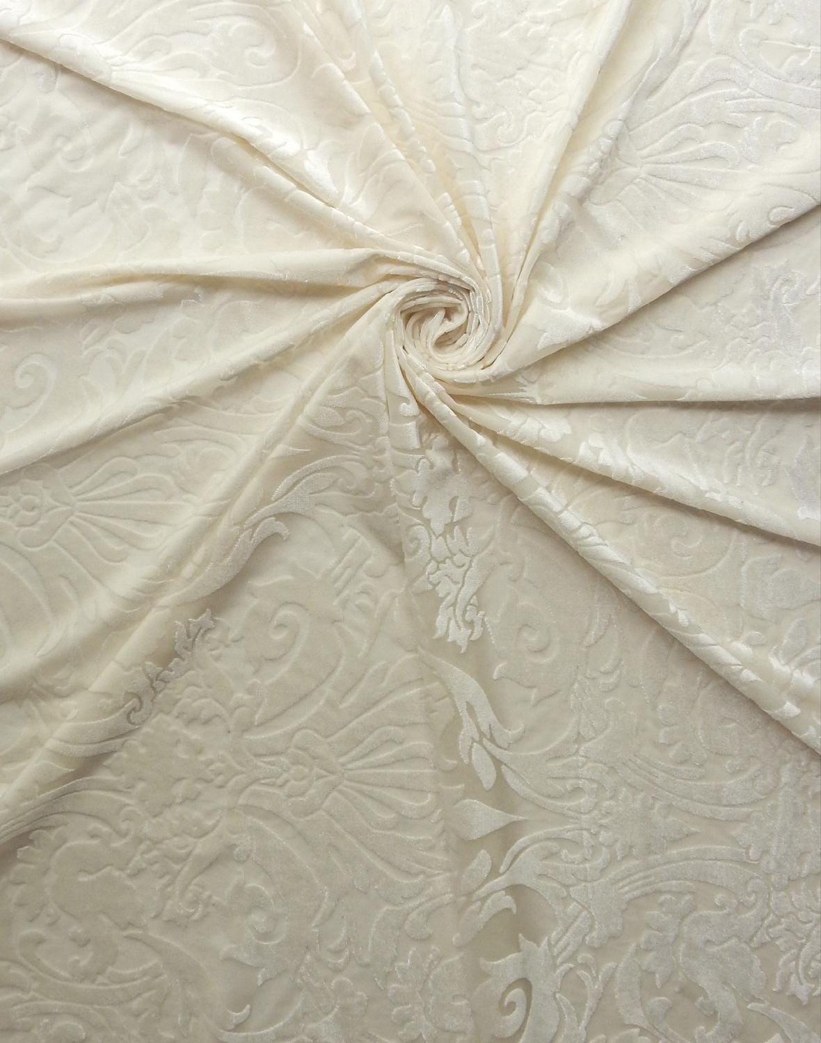 IVORY Damask Floral Burnout Stretch Velvet Fabric (58 in.) Sold By The Yard