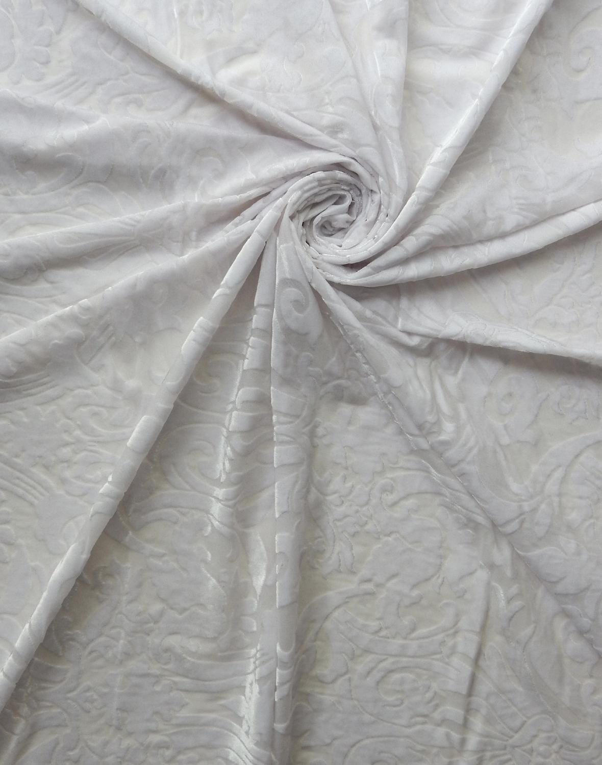 WHITE Damask Floral Burnout Stretch Velvet Fabric (58 in.) Sold By The Yard