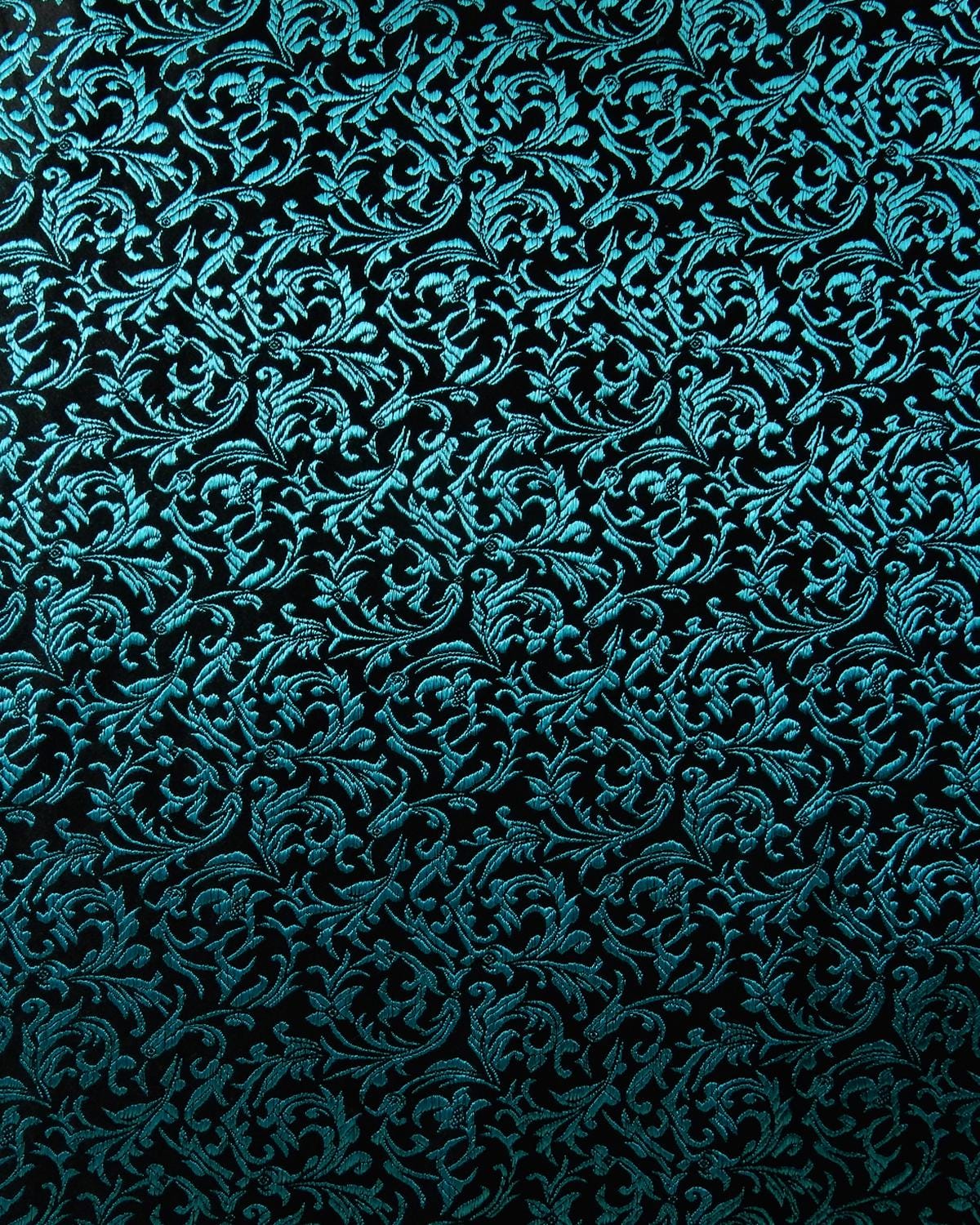 Turquoise Blue Black Floral Silk Brocade Fabric (30 in.) Sold By The Yard
