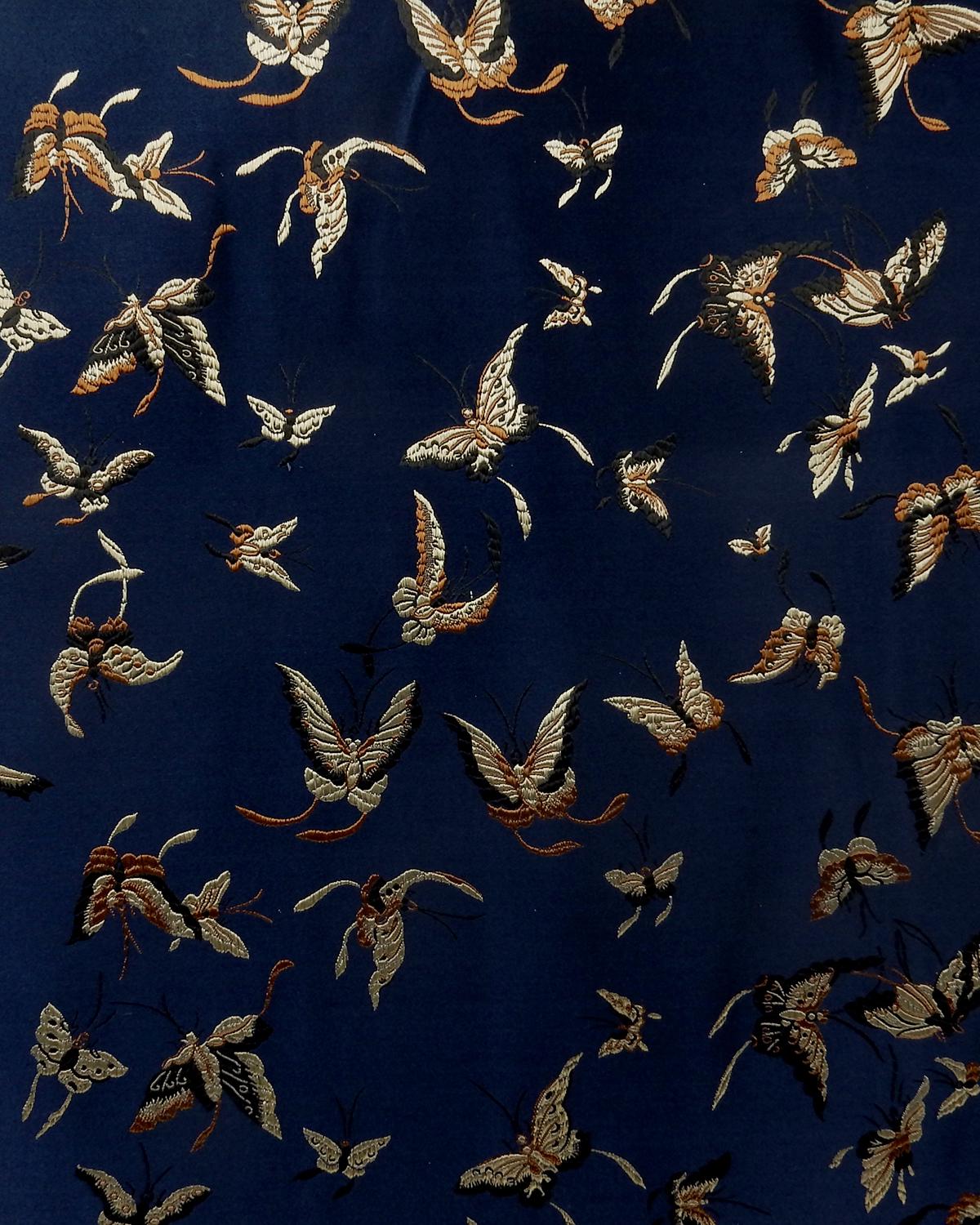 Navy Blue Gold Butterflies Silk Brocade Fabric (30 in.) Sold By The Yard