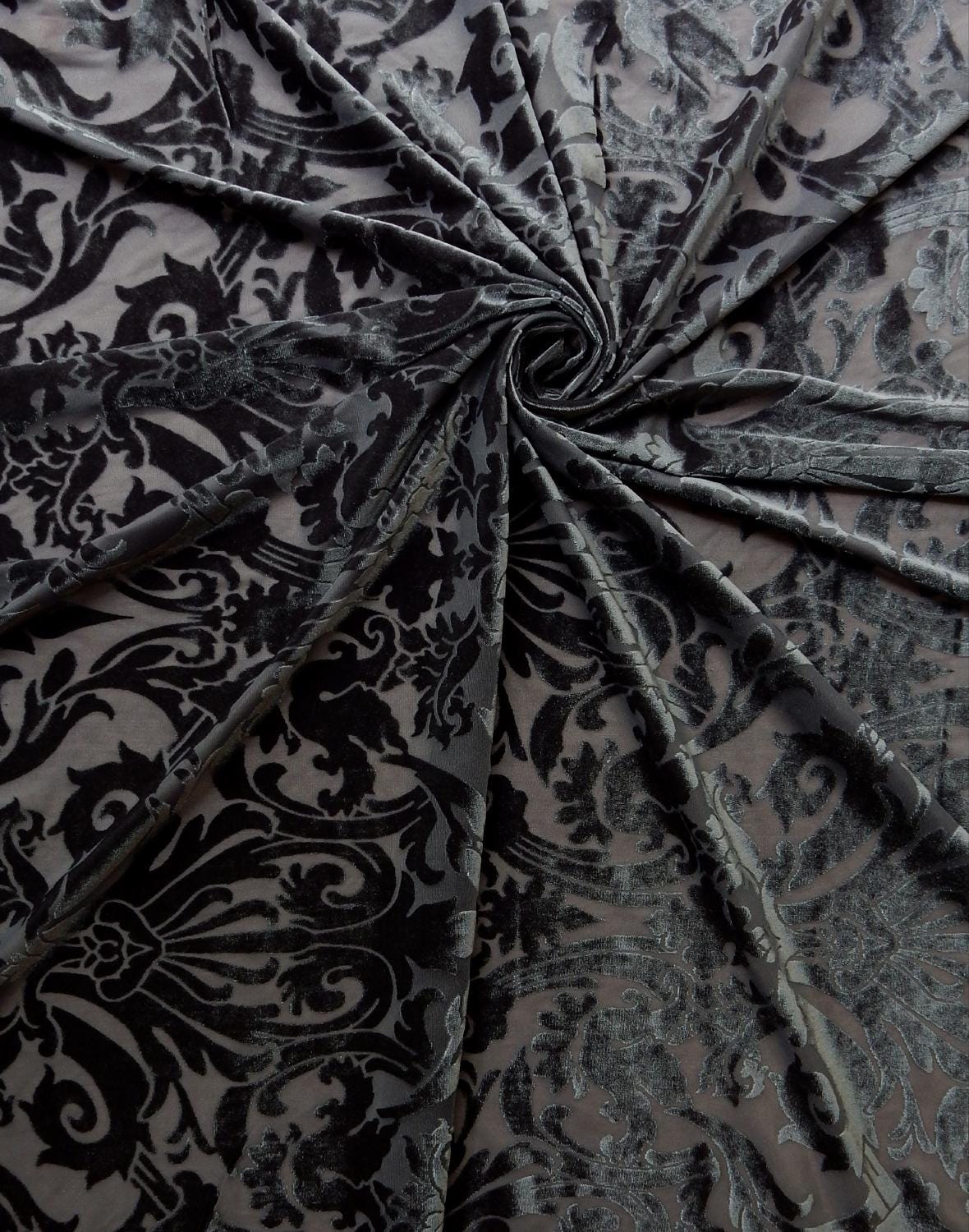 GREY Damask Floral Burnout Stretch Velvet Fabric (58 in.) Sold By The Yard