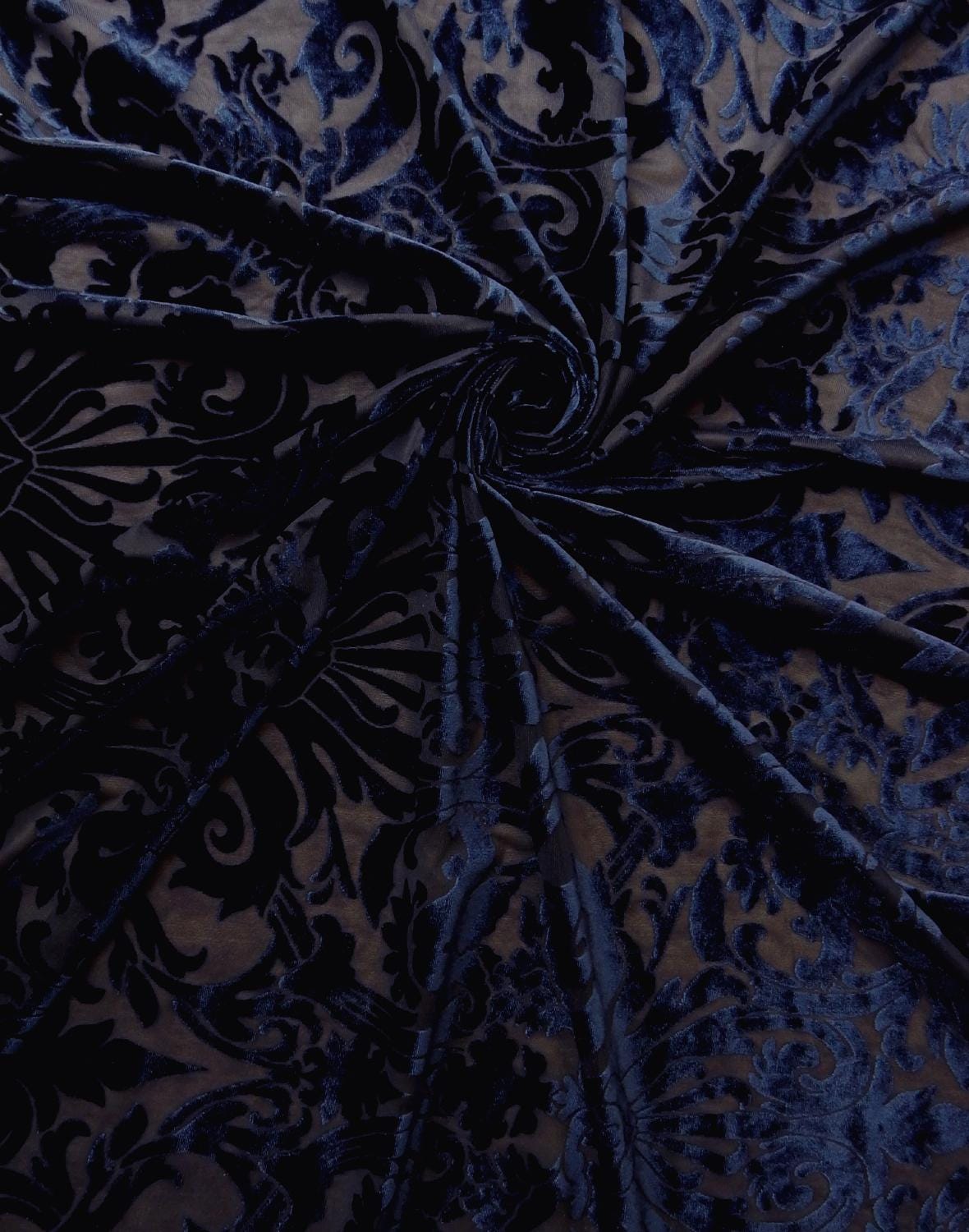 NAVY BLUE Damask Floral Burnout Stretch Velvet Fabric (58 in.) Sold By The Yard