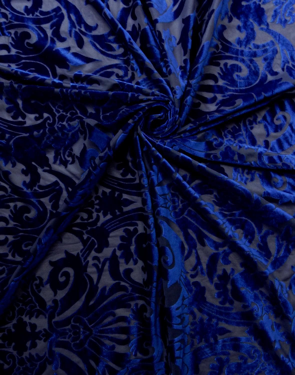 ROYAL BLUE Damask Floral Burnout Stretch Velvet Fabric (58 in.) Sold By The Yard