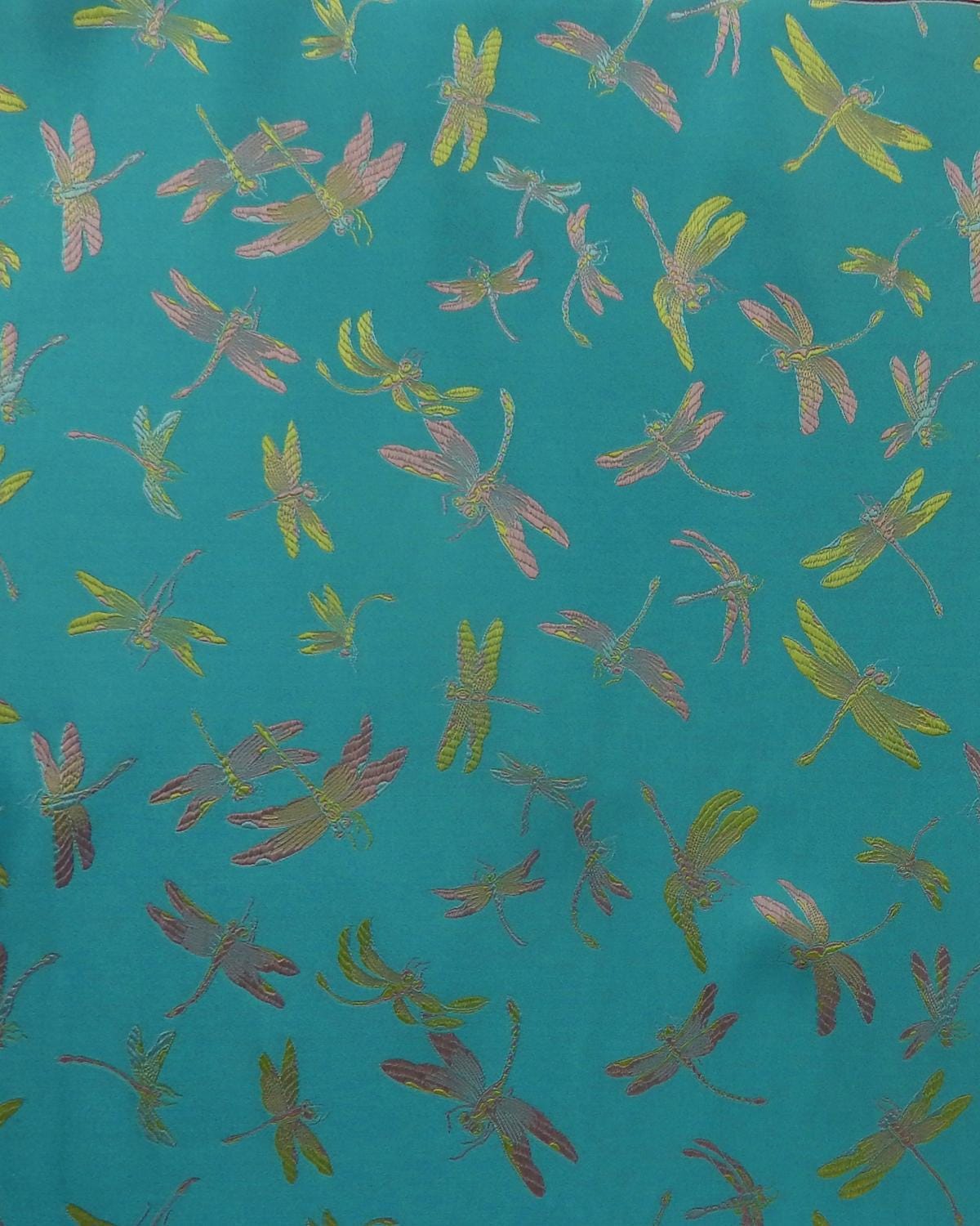 Turquoise Blue Multicolor Dragonflies Silk Brocade Fabric (30 in.) Sold By The Yard