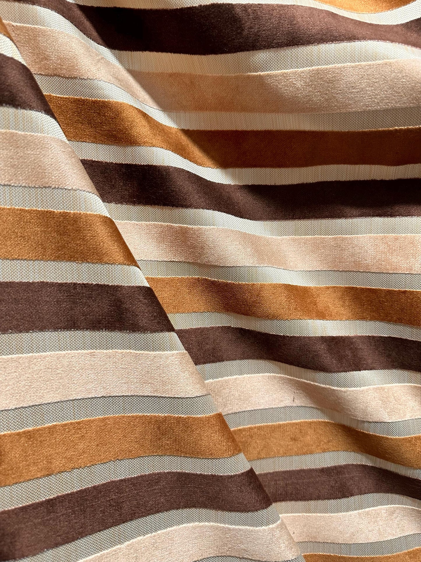 BROWN BEIGE Striped Velvet Upholstery Brocade Fabric (54 in.) Sold By The Yard