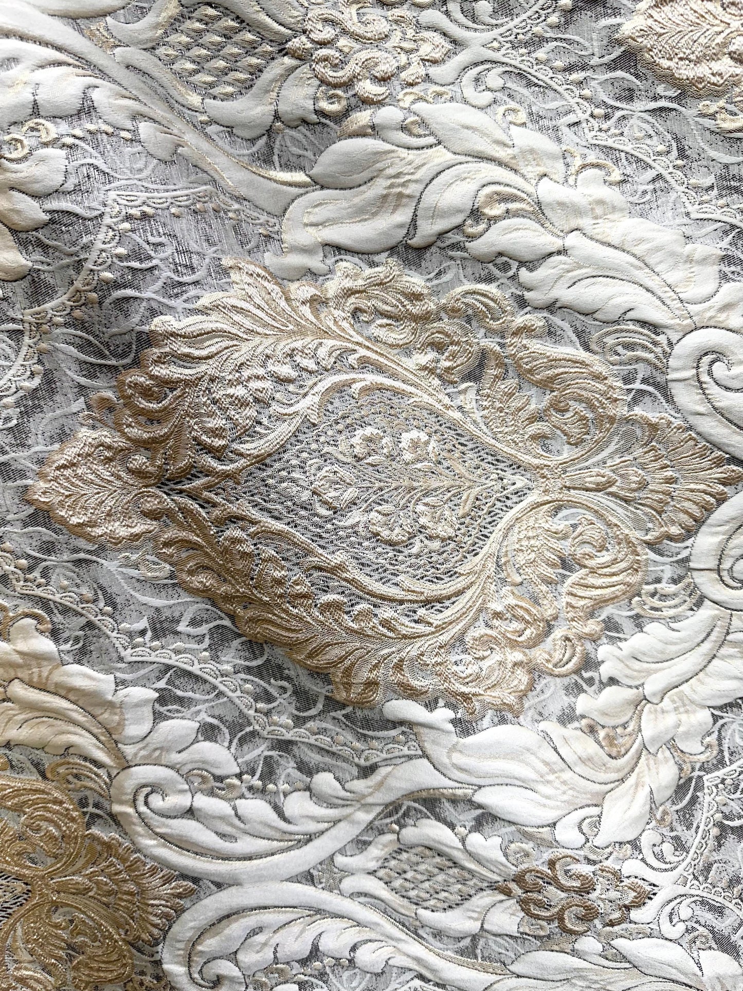 IVORY GOLD BROWN Damask Brocade Upholstery Drapery Fabric (110 in.) Sold By The Yard