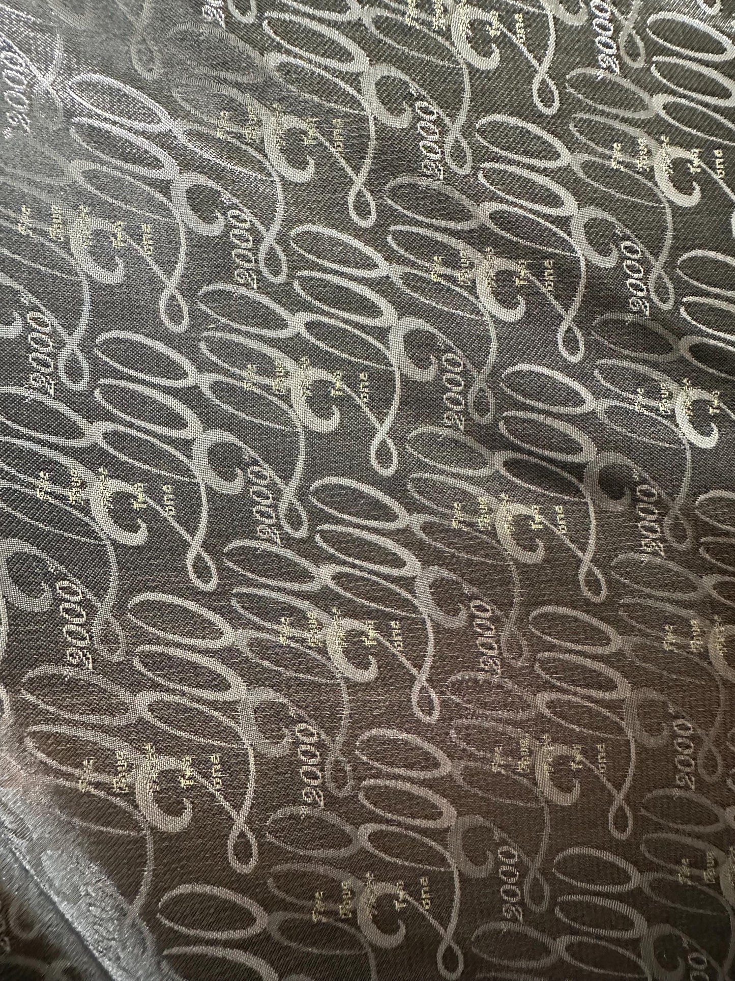 BLACK SILVER "2000" Text Brocade Fabric (60 in.) Sold By The Yard