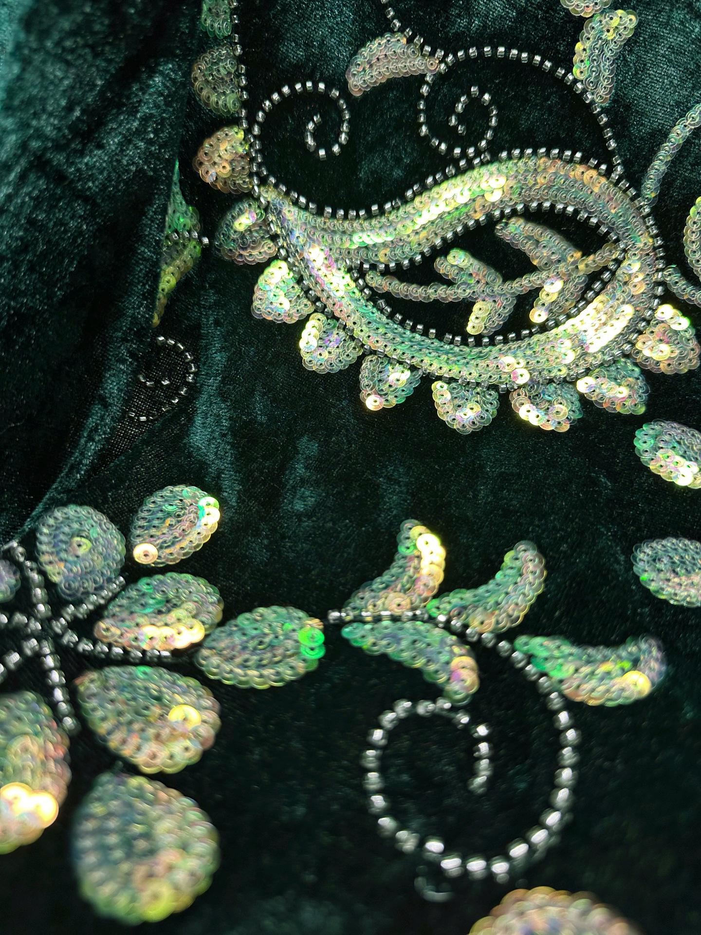 EMERALD GREEN Floral Sequin Beaded Stretch Velvet Fabric (58 in.) Sold By The Yard