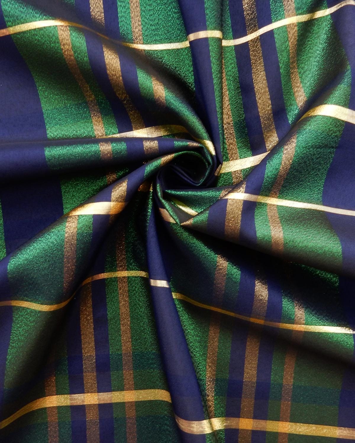 Green Blue Gold Metallic Plaid Taffeta Fabric (60 in.) Sold By The Yard