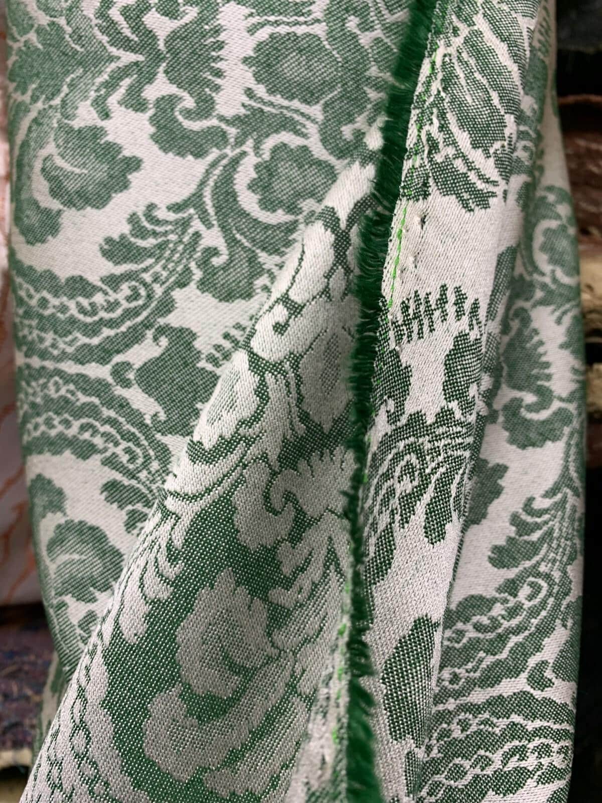 GREEN WHITE BEIGE Damask Brocade Upholstery Drapery Fabric (54 in.) Sold By The Yard